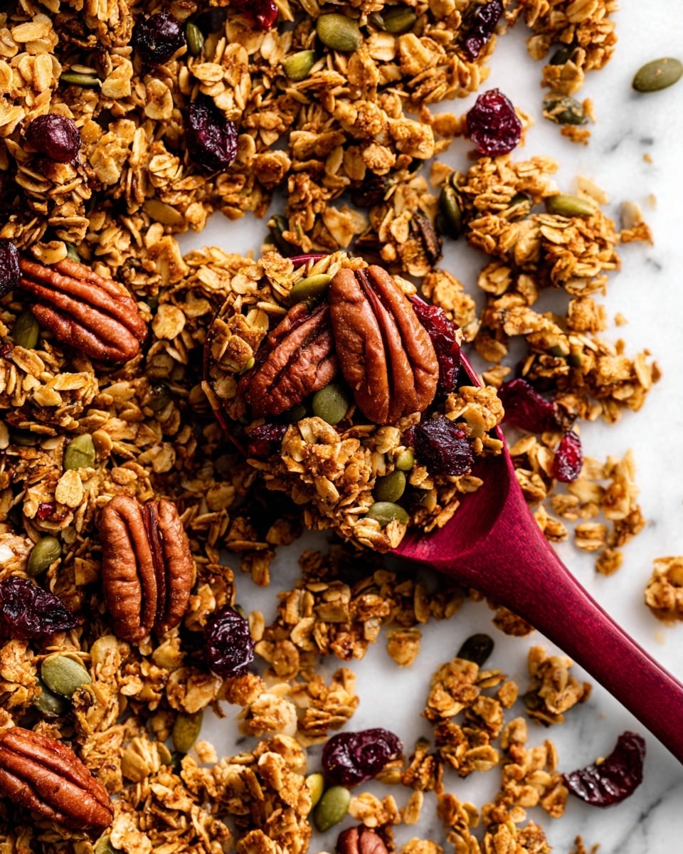A close-up image shows toasted granola scattered on a white marbled surface. The granola is golden brown with clusters of oats, green pumpkin seeds, dark red dried cranberries, and large, textured pecan halves. A deep red spoon rests in the middle, filled with a mix of these ingredients, highlighting their crunchy and uneven shapes. The lighting creates a warm and inviting feel, emphasizing the rich textures of the granola. photo taken with an iphone --ar 4:5 --v 7