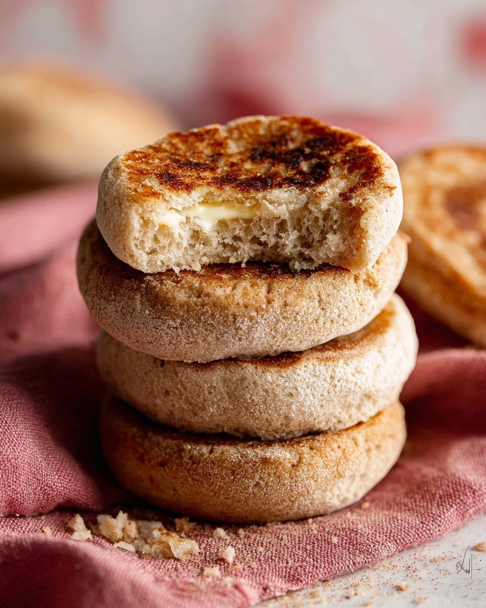 A close-up of three toasted English muffins stacked on top of each other on a soft pink cloth with a white marbled texture in the background. The top muffin is split open with butter melting into the rough, golden-brown crumb, showing a soft and porous inside. The edges of each muffin are slightly crispy with a light dusting of flour on the outside, and crumbs are scattered around the base. Behind the stack, two more English muffins are out of focus, enhancing the warm and cozy feeling of the image. Photo taken with an iphone --ar 4:5 --v 7