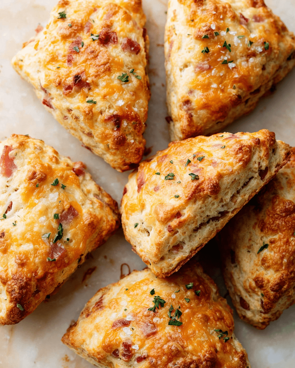 Seven golden-brown scones with a rough, crumbly texture are arranged closely on a light beige surface with a white marbled texture. Each scone has a triangular shape with visible small bits of cheese and cooked ham, giving orange and pink patches that contrast with the light dough. Some scones have a sprinkling of chopped green herbs on top, and a light coating of coarse salt adds a subtle sparkle. The scones appear warm and freshly baked, with slightly crisp edges and soft interiors visible on some parts. photo taken with an iphone --ar 4:5 --v 7