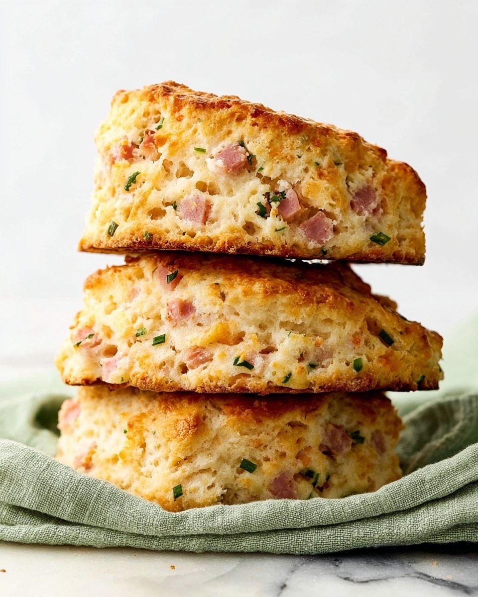 A stack of three golden brown biscuits piled one on top of the other, each biscuit showing a rough, crumbly texture with small chunks of pink ham and bits of green herbs evenly scattered throughout the light beige dough. The edges are slightly browned and crispy, while the inside looks soft and flaky. The biscuits sit on a crumpled light green cloth, placed on a white marbled surface. The background is clean and plain white. photo taken with an iphone --ar 4:5 --v 7