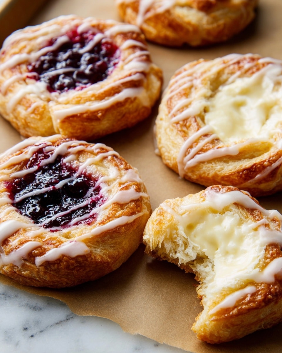 The image shows four Danish pastries on a light brown baking sheet, placed on a white marbled surface. Each pastry has a golden brown outer layer with a soft, flaky texture. They have a circular shape with a slightly raised edge, forming a shallow center filled with fruit jam or cream cheese. Two pastries have a dark purple jam center with a shiny, smooth texture, while the other two have a creamy off-white cheese filling that looks smooth and soft, one of these has a bite taken out showing a fluffy inside. All pastries are drizzled with thin, uneven white glaze lines on top, adding a shiny finish. Photo taken with an iphone --ar 4:5 --v 7