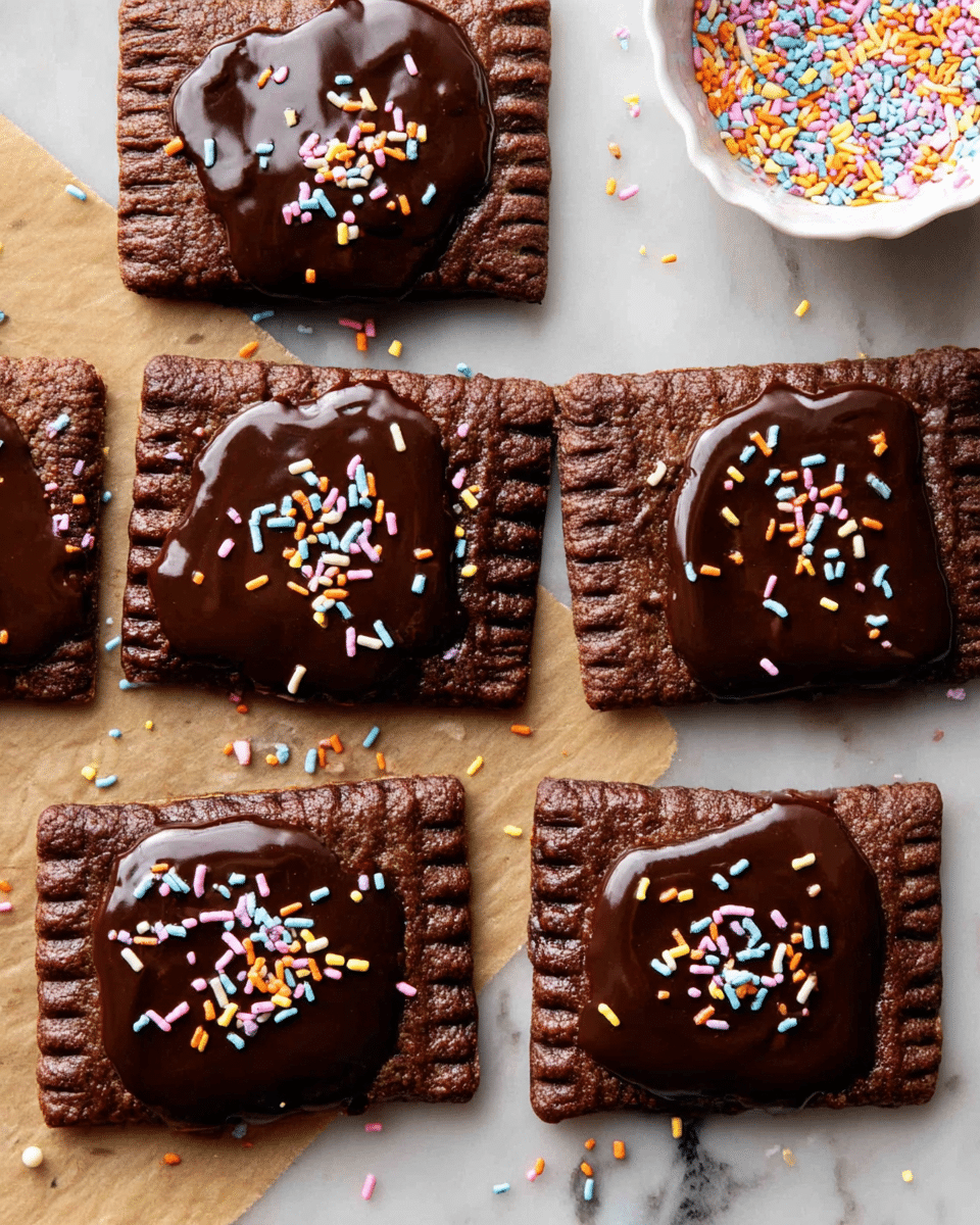 The image shows six rectangular chocolate pastries arranged in two rows on a white marbled surface. Each pastry has a dark brown, textured crust with edges pressed down in a crimped pattern. On top of each pastry, there is a thick layer of glossy chocolate glaze that is spread unevenly, covering the center and part of the edges. The glaze is decorated with small, colorful sprinkles in shades of pink, blue, yellow, orange, and white, sprinkled mainly in the middle of the glaze. Some sprinkles have fallen around the pastries on the surface. To the right edge of the image, a white dish filled with more colorful sprinkles is partially visible. The scene is well-lit and focused, highlighting the textures and colors clearly. photo taken with an iphone --ar 4:5 --v 7