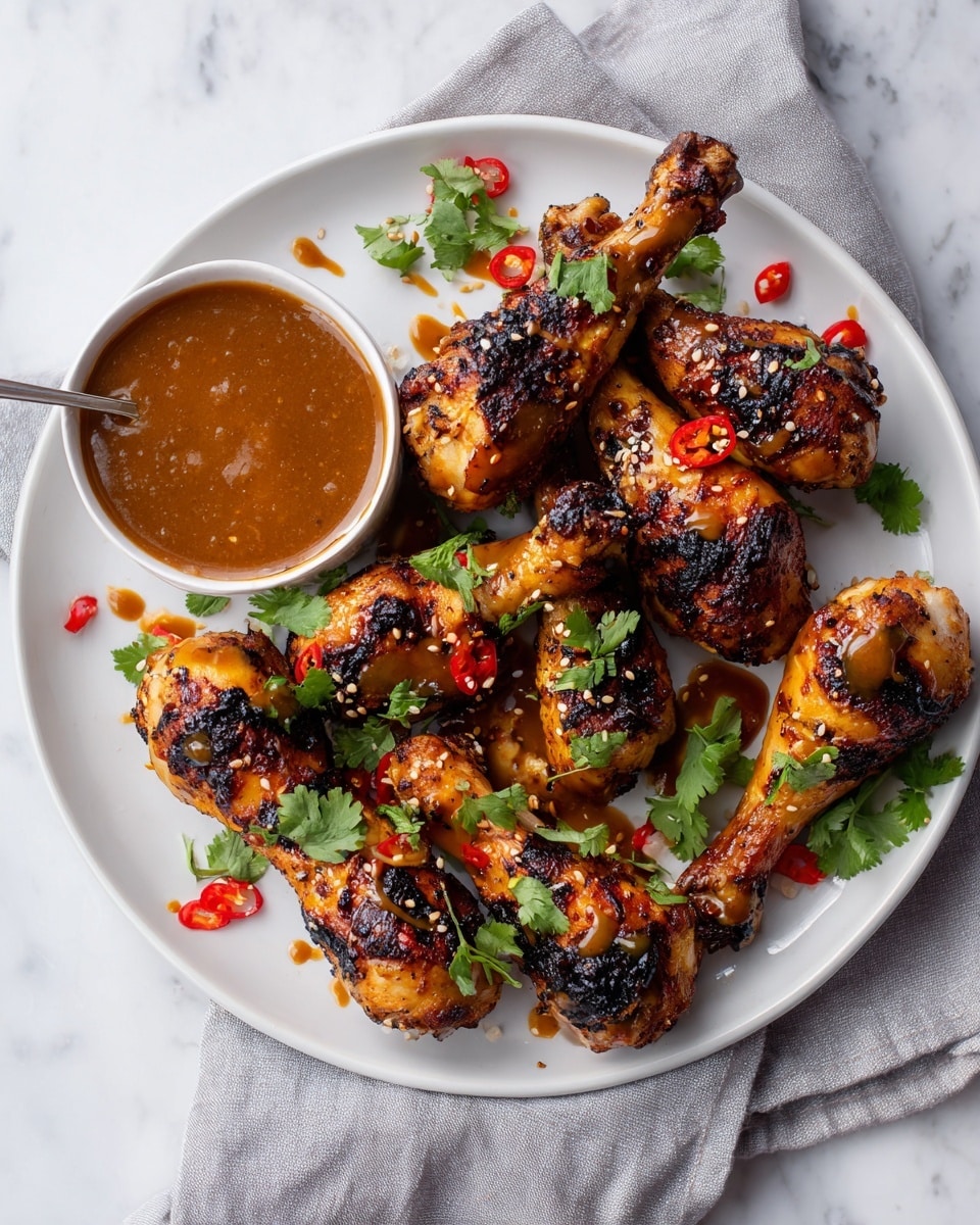 A close-up image shows a crispy, golden-brown chicken drumstick being dipped into a small white ceramic bowl filled with thick, creamy brown sauce. The drumstick has a textured surface with a sprinkle of red chili pieces and a small green leaf on top. Around the bowl, there are more drumsticks with the same crispy look and garnishes, resting on a white marbled surface. A woman's hand is holding the drumstick in the act of dipping it into the sauce. Photo taken with an iphone --ar 4:5 --v 7