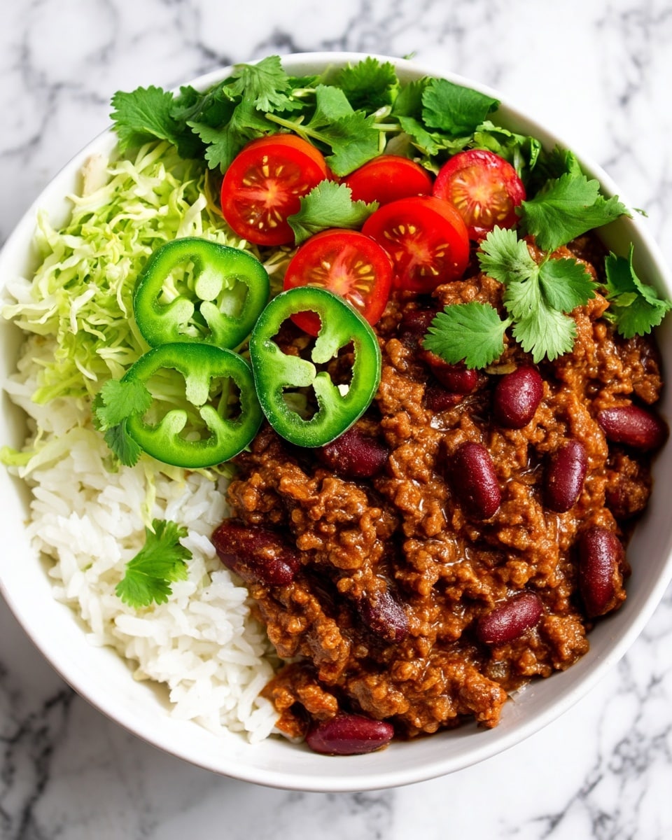 A white bowl filled with a base layer of cooked white rice, topped with a thick layer of chili made with ground meat and kidney beans in a rich brown sauce. On top of the chili, several slices of bright green jalapeño peppers are placed, along with fresh cilantro leaves scattered around. At the back, there are halved cherry tomatoes showing bright red interiors, and some light green shredded lettuce. The bowl is set on a white marbled texture surface. Photo taken with an iphone --ar 4:5 --v 7