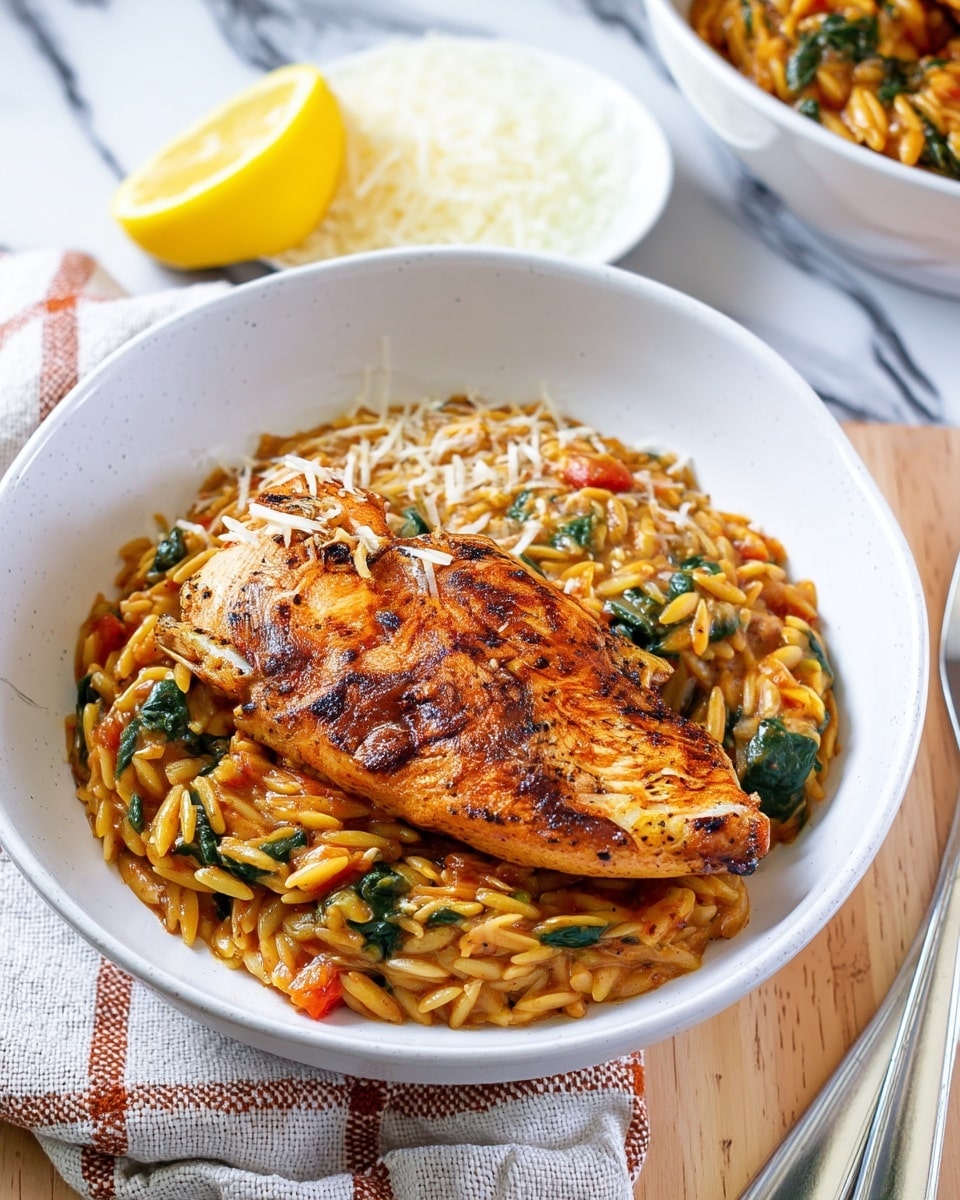 A white bowl filled with a creamy orzo pasta mixed with chopped spinach and small tomato pieces, showing a rich orange-brown sauce covering the pasta. On top sits a large piece of grilled chicken breast, golden-brown with black grill marks and some sprinkled white cheese flakes on it. Behind the bowl, there is a slice of lemon and part of another white bowl with grated cheese shown on a white marbled surface. A fork and knife rest to the right of the bowl on a light brown wooden table with a striped cloth underneath the bowl. photo taken with an iphone --ar 4:5 --v 7