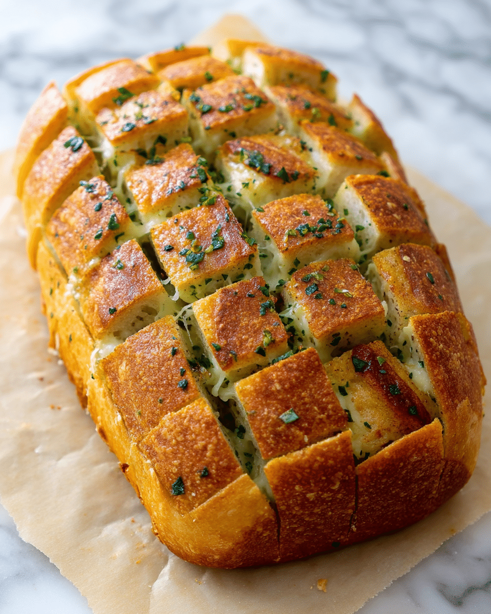 A loaf of golden brown bread is shown, cut into a grid pattern of about six vertical and six horizontal square sections, making deep, even cuts that almost separate the pieces but keep them attached at the bottom. The crust looks crispy and has small green herb flakes scattered on top, while the inside appears soft and fluffy with layers of melted cheese visible between some cuts. The bread rests on a light parchment paper that contrasts with the white marbled surface underneath. photo taken with an iphone --ar 4:5 --v 7