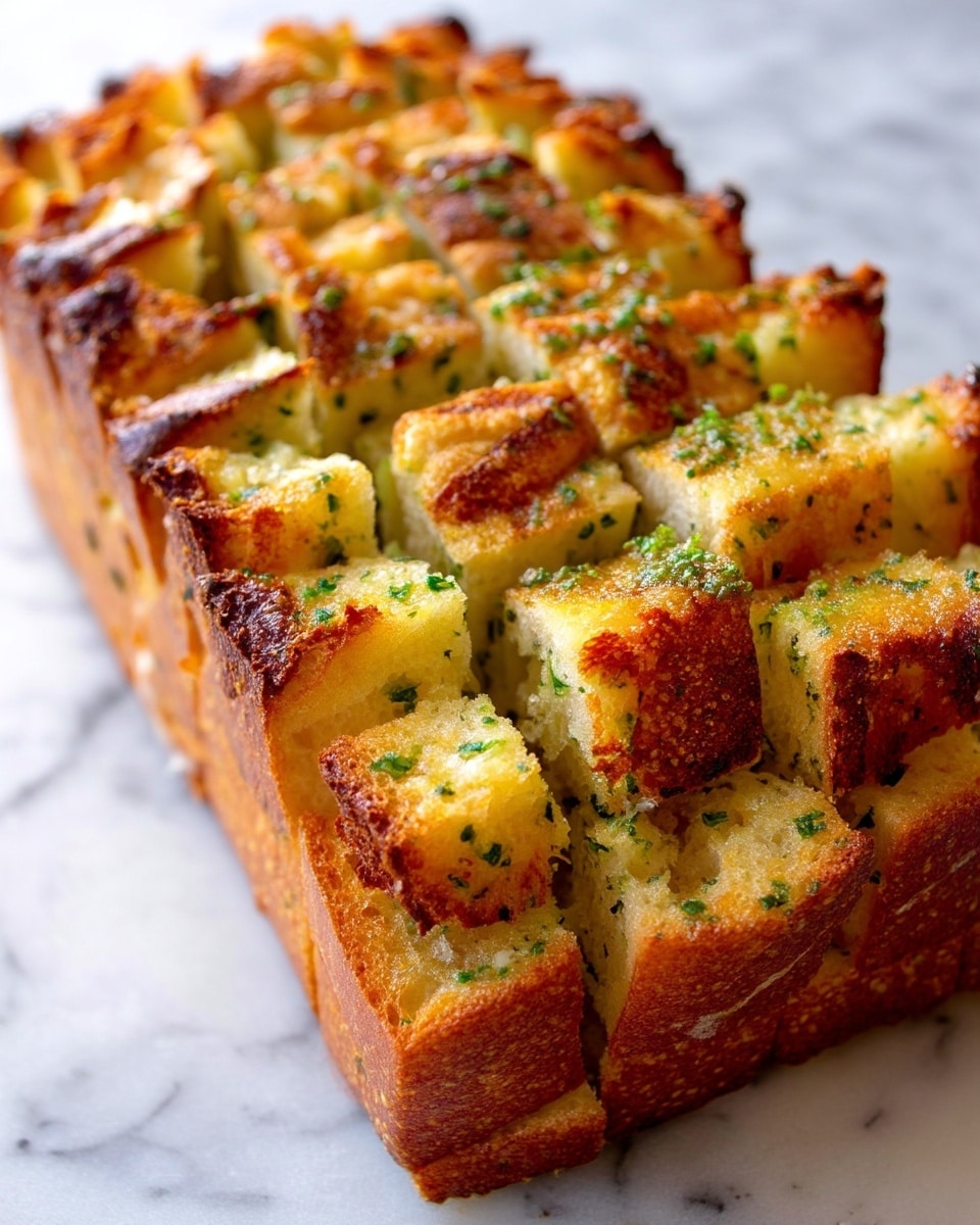 A loaf of golden brown bread is cut into many small square pieces, about five layers deep, with each piece showing a crispy crust and soft, airy inside. Some green seasoning and melted cheese are visible between the cuts, adding texture and specks of color. The bread lies on a white marbled surface, appearing warm and inviting with a crunchy top layer and soft middle layers. photo taken with an iphone --ar 4:5 --v 7