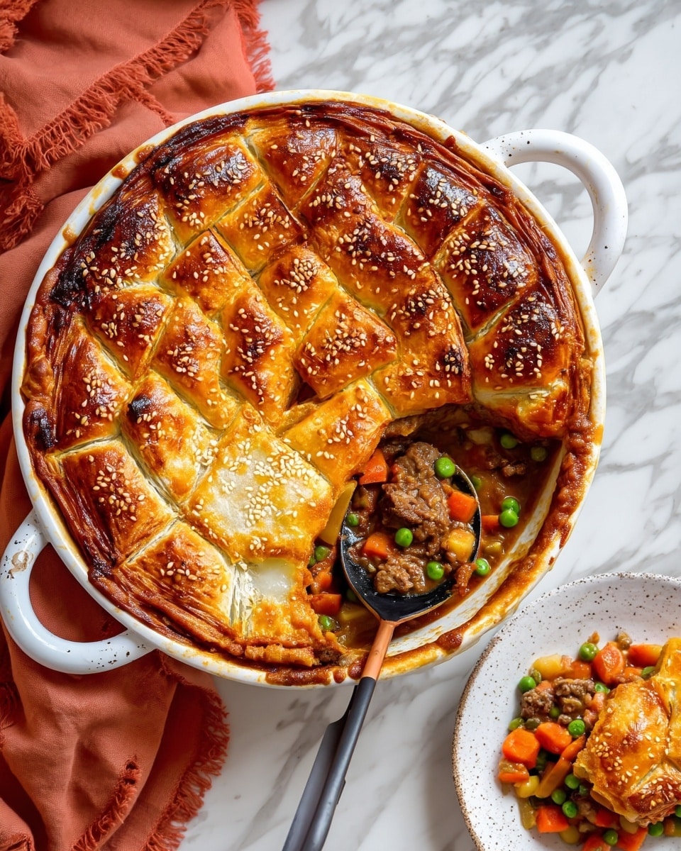 A golden-brown baked pie with a shiny, crispy crust topped with sesame seeds fills a round white ceramic dish with handles, the crust showing an uneven patchwork pattern of rectangular sections. One large scoop has been taken out from one side, revealing the inside packed with colorful chunks of cooked vegetables including green peas, orange carrots, and browned meat in a rich sauce. A black and white spoon rests inside the dish, holding a portion of the pie filling. Next to the main dish, a white plate with a piece of the pie and some filling is partly visible on a white marbled surface, with a soft, rusty orange cloth nearby. Photo taken with an iphone --ar 4:5 --v 7
