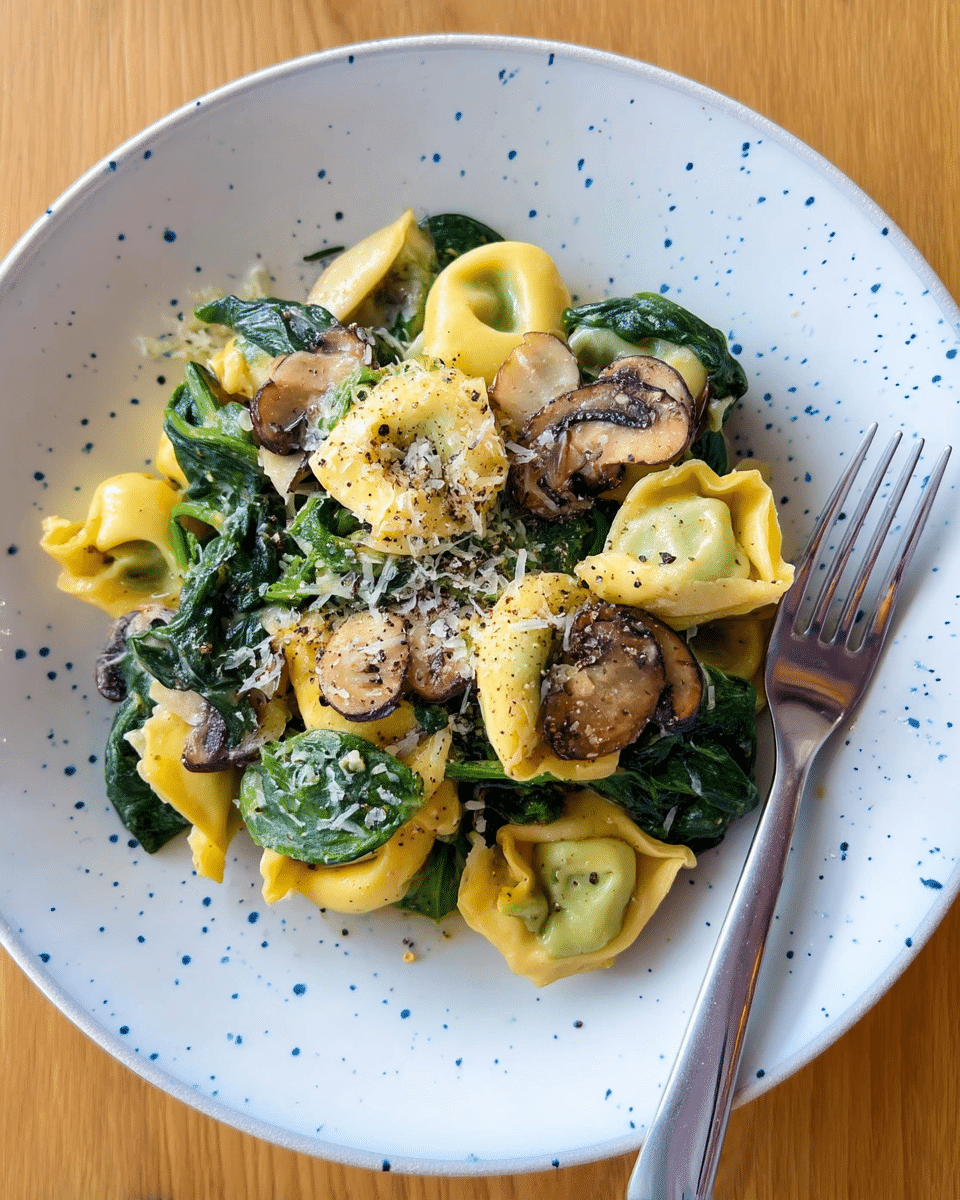 A white bowl filled with two-layered tortellini pasta, where the outer layer combines pale yellow and light green colors, sitting on a larger white plate with blue speckles. The tortellini are mixed with cooked dark green spinach leaves and thinly sliced, light brown mushrooms scattered throughout. The dish is topped with finely grated white cheese and a dusting of black pepper, creating a textured, slightly creamy look. A silver fork is placed on the right side of the plate, all set on a wooden surface. photo taken with an iphone --ar 4:5 --v 7