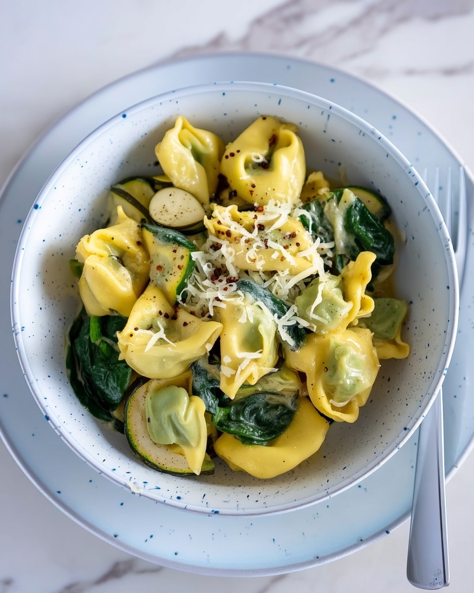 A white bowl filled with three layers of yellow and green tortellini pasta mixed with dark green spinach leaves and small slices of pale green zucchini. The tortellini pieces have a soft, slightly shiny texture, and are topped with a light sprinkle of shredded white cheese and some black pepper flakes. The bowl sits on a white plate with light blue speckles, placed on a white marbled surface. To the right of the bowl, a silver fork partially rests on the plate. photo taken with an iphone --ar 4:5 --v 7
