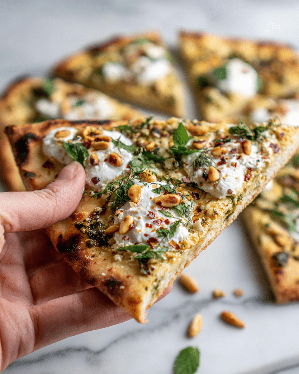 A close-up of a slice of thin crust flatbread pizza being held by a woman's hand. The flatbread has a golden-brown crust with light charring, topped with a layer of melted cheese mixed with herbs and finely chopped green leaves. There are small dollops of white creamy cheese spread unevenly across the flatbread, along with pine nuts scattered on top. Some crushed red chili flakes and green herbs are sprinkled over the entire pizza, adding pops of red and green colors. The background shows the rest of the flatbread pizza resting on a white marbled surface, with a soft focus on the details. Photo taken with an iphone --ar 4:5 --v 7