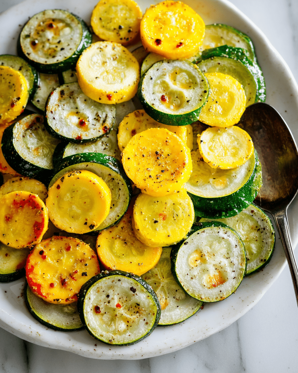 A close-up view of many slices of cooked yellow and green zucchini layered unevenly on a white plate with some brown spots showing light roasting. The yellow zucchini slices are bright and slightly glossy with specks of black pepper and small bits of seasoning, while the green zucchini slices have a darker green peel and a lighter center with similar seasoning. On the top right, a silver spoon rests on the plate against the zucchini slices. The background is a white marbled texture. photo taken with an iphone --ar 4:5 --v 7