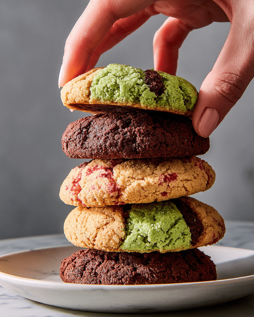 A stack of seven round cookies rests on a white plate on a white marbled surface, each cookie divided into three vertical sections: one green with a crumbly texture, one dark brown with a rich, dense texture, and one light tan with red specks scattered throughout. The cookies are stacked unevenly, leaning slightly to one side. A woman's hand is holding the top cookie between thumb and forefinger, lifting it slightly above the stack. The lighting highlights the textures and colors of the cookies against a soft, neutral gray background. photo taken with an iphone --ar 4:5 --v 7