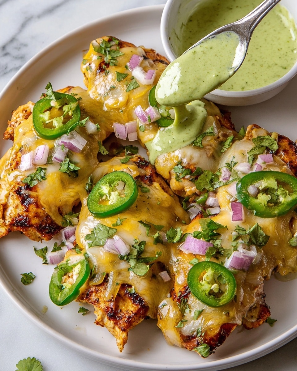 Three grilled chicken breasts sit on a white rectangular plate with a black rim, each topped with a melted layer of light yellow cheese. On top of the cheese is a green sauce that looks creamy and slightly chunky, spread unevenly over the chicken. Thin slices of fresh green jalapeño and small pieces of chopped red onion are scattered on the cheese and sauce. Green cilantro leaves are sprinkled around and on the chicken. A woman's hand is squeezing fresh lime juice onto the chicken from a lime wedge, and a white bowl with lime wedges is seen to the side. The plate is on a white marbled surface. photo taken with an iphone --ar 4:5 --v 7