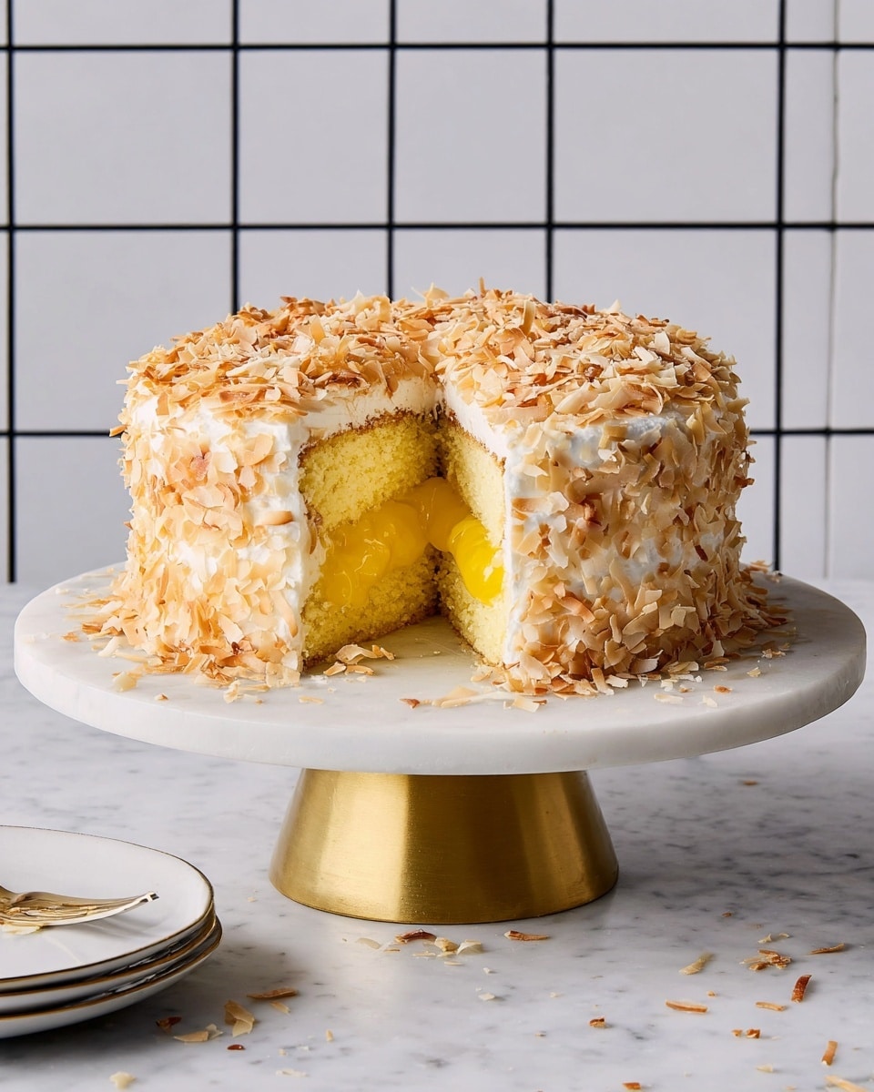 A round cake with two thick light yellow sponge layers, filled in the middle with a bright yellow, glossy lemon curd that is oozing slightly out of the center. The cake is covered in a smooth white cream frosting, which is fully coated with a large amount of toasted coconut flakes that are light golden brown and rough in texture. The cake sits on a white marble cake stand with a gold base, and there are some stray toasted coconut flakes scattered around the stand. The background is a white marbled texture wall with simple black grid lines. photo taken with an iphone --ar 4:5 --v 7