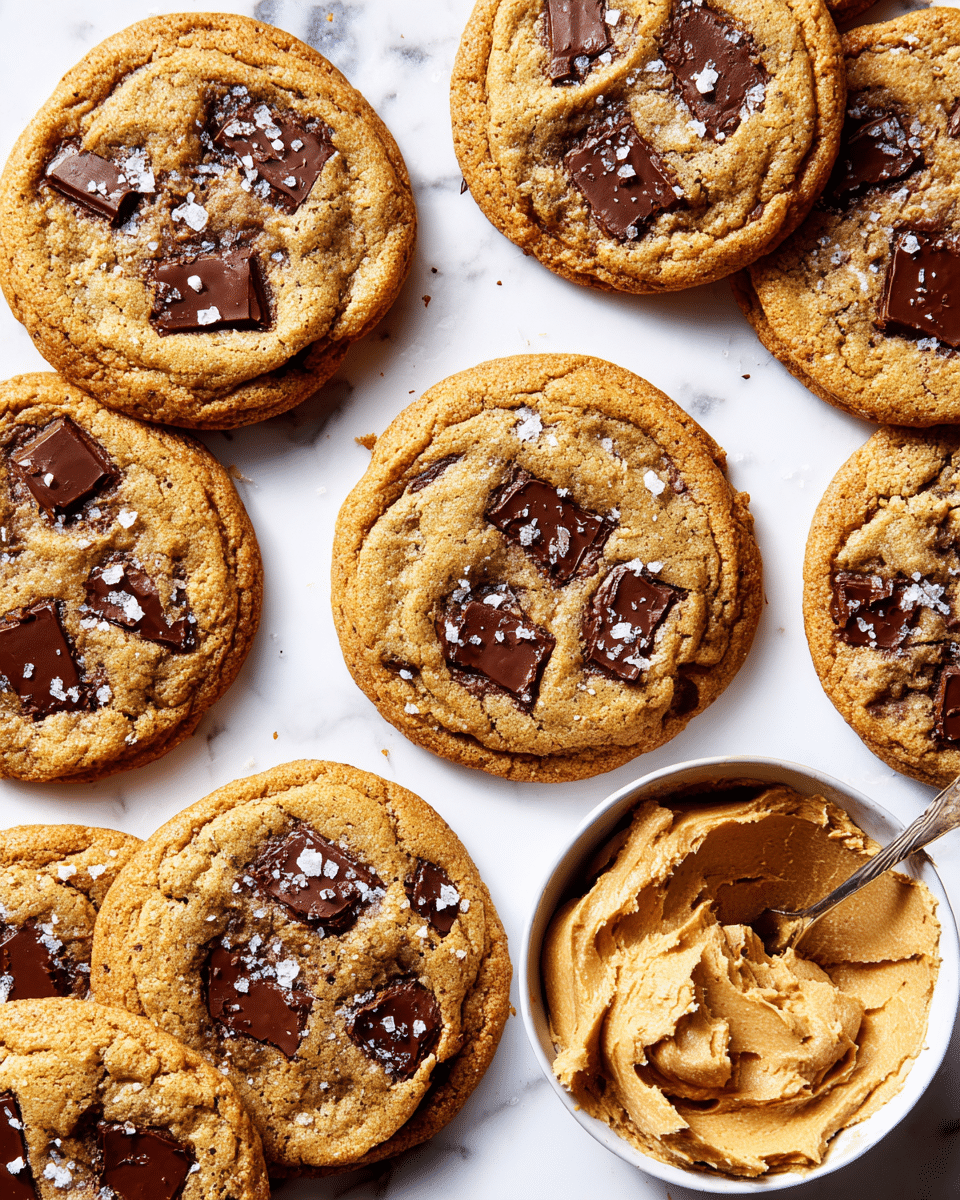 Several golden-brown chocolate chip cookies are spread out on a white marbled surface. Each cookie has a slightly crispy edge and a soft, chewy center with large, melted dark chocolate chunks scattered on top. Flecks of coarse sea salt are sprinkled over the cookies, adding a bit of texture and shine. In the bottom right corner, there is a white bowl filled with creamy cookie dough, a silver spoon scooping some dough out. The colors are warm and inviting with the contrast of dark chocolate against the golden cookies and the clean white background. photo taken with an iphone --ar 4:5 --v 7