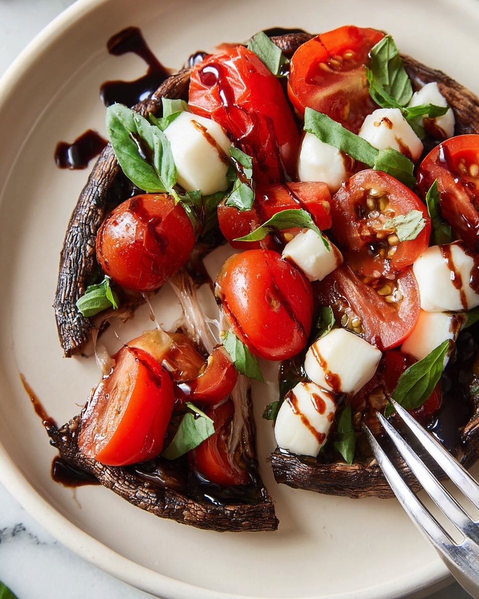 A toasted dark brown portobello mushroom cap serves as the base layer, topped with bright red cherry tomato halves and small white mozzarella pieces scattered evenly. Fresh green basil leaves add contrast on top, with a glossy drizzle of dark balsamic glaze across all the ingredients. A silver fork pierces one side of the mushroom, pulling it slightly apart. The dish is served on a white plate, placed on a white marbled surface. photo taken with an iphone --ar 4:5 --v 7