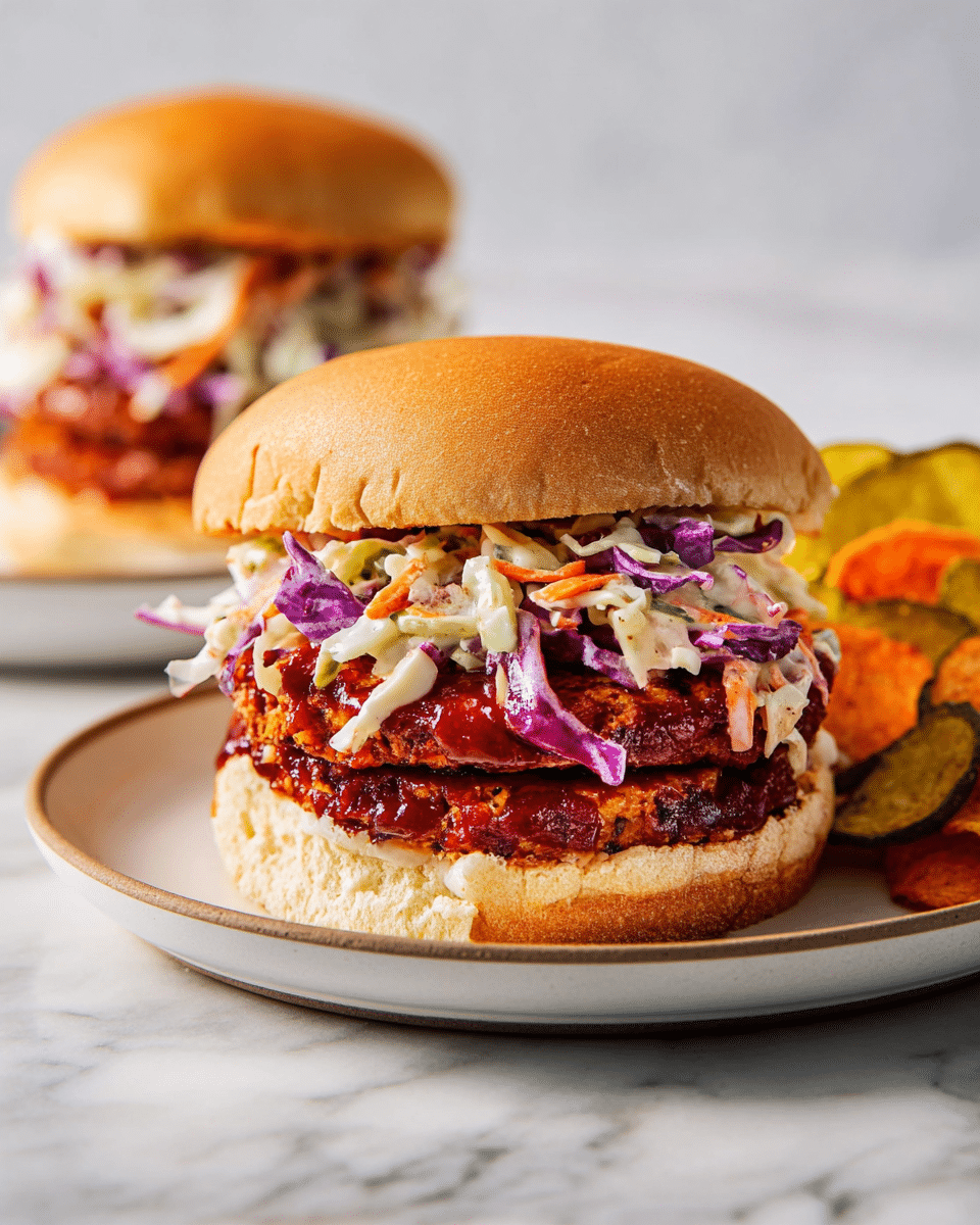 A sandwich sits on a white plate with colorful vegetable chips on the side. The sandwich has a soft, light brown bun on top and bottom. Inside, from bottom to top, there are two thick layers of glazed, dark reddish-brown grilled plant-based patties, covered with a shiny sauce, and topped with creamy coleslaw made of shredded purple and light green cabbage mixed with carrots. The coleslaw adds a fresh, creamy texture and bright colors just under the bun. The plate is on a white marbled surface, and a second similar sandwich with chips is blurred in the background. photo taken with an iphone --ar 4:5 --v 7