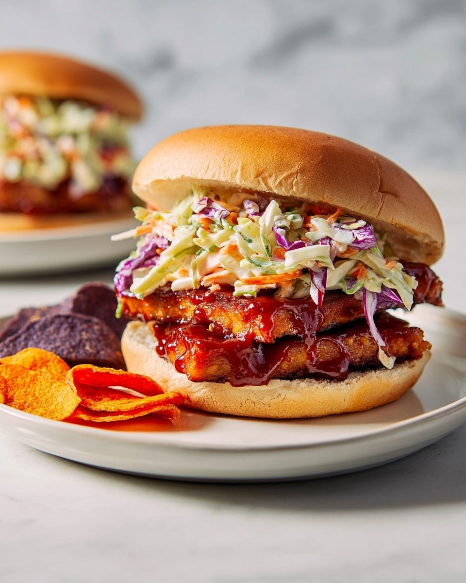A sandwich sits centered on a white plate, layered with three thick, grilled tempeh pieces glazed in a shiny red barbecue sauce, stacked on a soft, light brown bun base. On top of the tempeh is a colorful, creamy coleslaw with chopped green, white, and purple cabbage and thin carrot slices, with bits peeking out from under the smooth golden brown top bun. Next to the sandwich on the plate, there is a small pile of multicolored vegetable chips in orange, dark purple, and light brown hues. The white plate rests on a white marbled surface. In the blurry background, a similar sandwich is visible on another white plate. Photo taken with an iphone --ar 4:5 --v 7