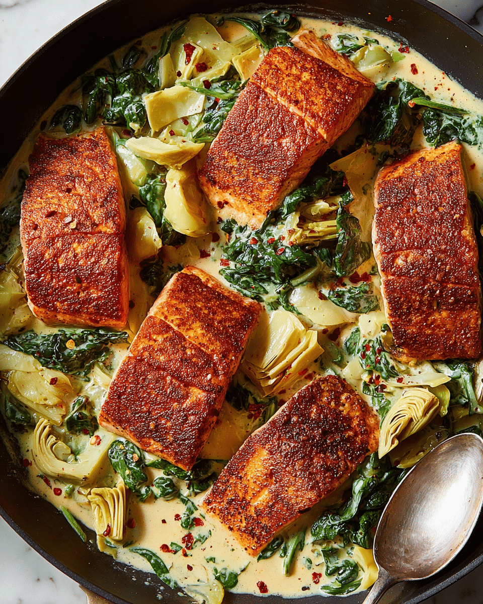 Four pieces of cooked salmon fillets with a crispy, reddish-brown crust are laid flat on top of a creamy sauce with green leafy vegetables and pale yellow artichoke hearts scattered throughout. The sauce is thick and light-colored, filling the shallow black pan beneath the fish. Some red pepper flakes are sprinkled on the salmon and sauce, adding touches of red. A metal spoon rests on the right edge of the pan. The whole scene is set on a white marbled surface. photo taken with an iphone --ar 4:5 --v 7