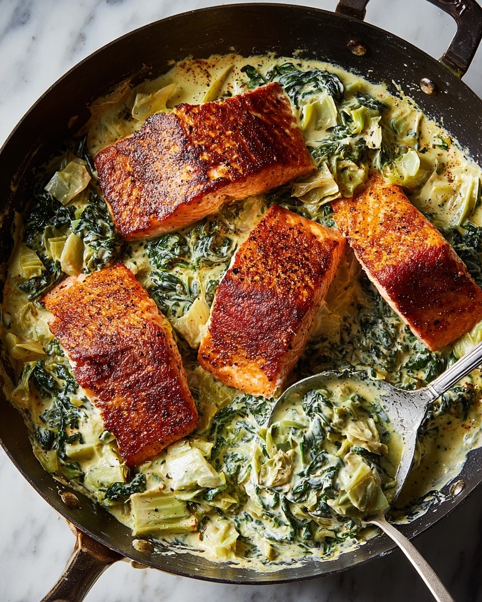 The image shows three large, browned salmon fillets with a crispy texture on top, lying in a skillet filled with creamy green and white chopped spinach and artichoke pieces. The creamy sauce looks smooth and slightly thick, surrounding the salmon and greens. A large metal spoon holds a scoop of the creamy vegetable mix at the bottom of the skillet. The skillet is set on a white marbled texture surface. photo taken with an iphone --ar 4:5 --v 7