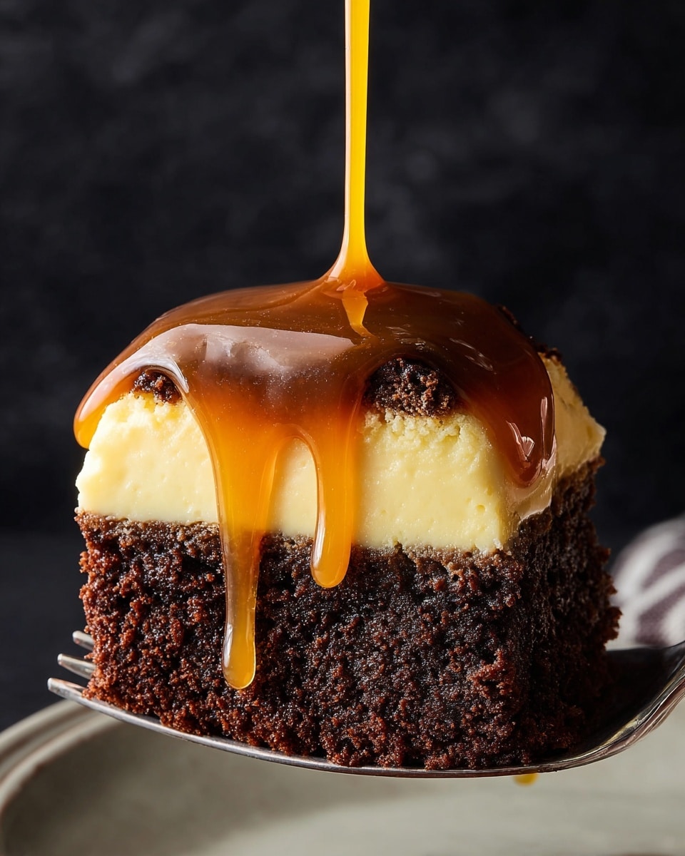 A close-up of a slice of dessert held on a silver fork, showing two layers: a thick, moist dark brown chocolate cake layer on the bottom with a soft, crumbly texture, topped by a smooth, pale yellow creamy layer that looks like custard or cheesecake. Golden caramel sauce is being poured on top, dripping down the sides of both layers, with a glossy, sticky shine. The background is a dark, blurred surface, making the dessert stand out sharply. photo taken with an iphone --ar 4:5 --v 7