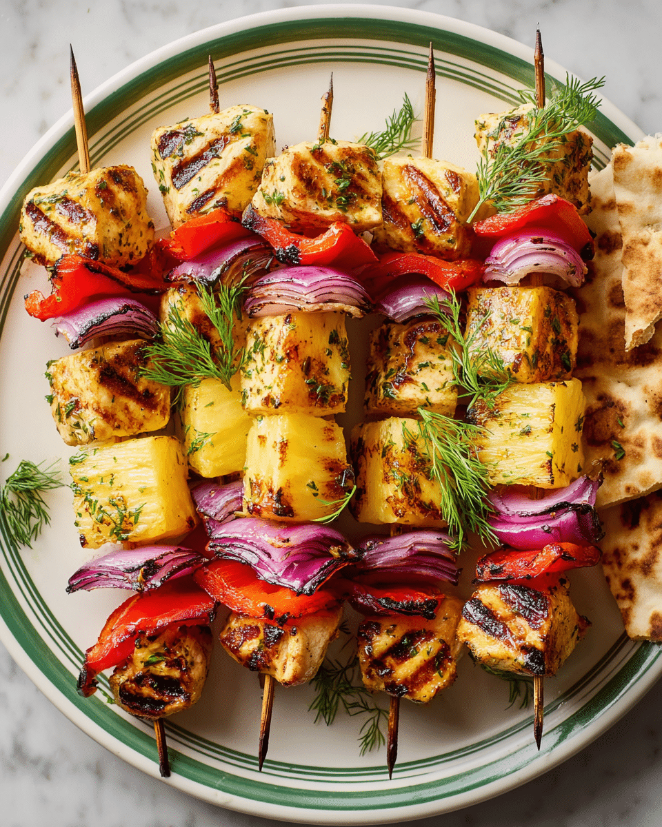 The image shows several grilled skewers on a white plate with green stripes, placed on a white marbled surface. Each skewer has multiple layers starting with golden-brown grilled chicken pieces with grill marks and herb seasoning, followed by pale yellow grilled pineapple chunks with slightly caramelized edges. Then comes bright red grilled bell pepper pieces, and finally vibrant purple grilled red onion slices, all stacked in a repeating pattern. Light green dill sprigs are scattered on and around the skewers adding a fresh touch, and a folded piece of grilled pita bread is partly visible at the top right of the plate. photo taken with an iphone --ar 4:5 --v 7