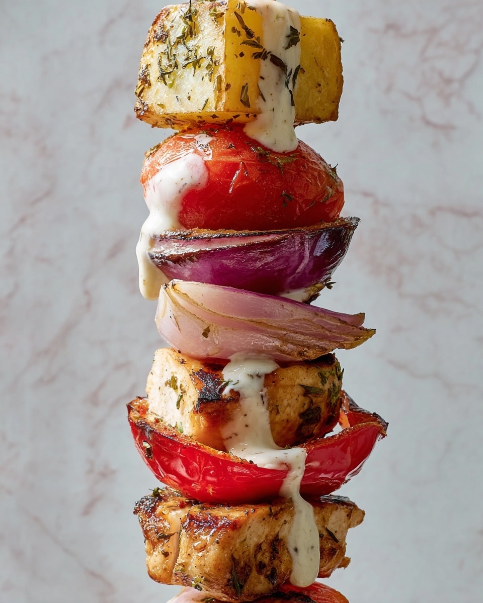 A vertical skewer with seven layers, starting from the top with a large piece of grilled potato showing light brown char marks and sprinkled with herbs, drizzled with white sauce dripping down the sides. Below it is a bright red grilled tomato slice with some green herbs. Next is a thick piece of grilled red onion with a deep purple color. Below the onion is a chunk of grilled chicken breast with brown grill marks and herbs. Following that is another grilled potato piece with golden brown char, then a red bell pepper slice with some white sauce on its edges, and finally a layer of pinkish grilled onion with some white sauce dripped over it. The skewer is centered against a white marbled textured background. photo taken with an iphone --ar 4:5 --v 7