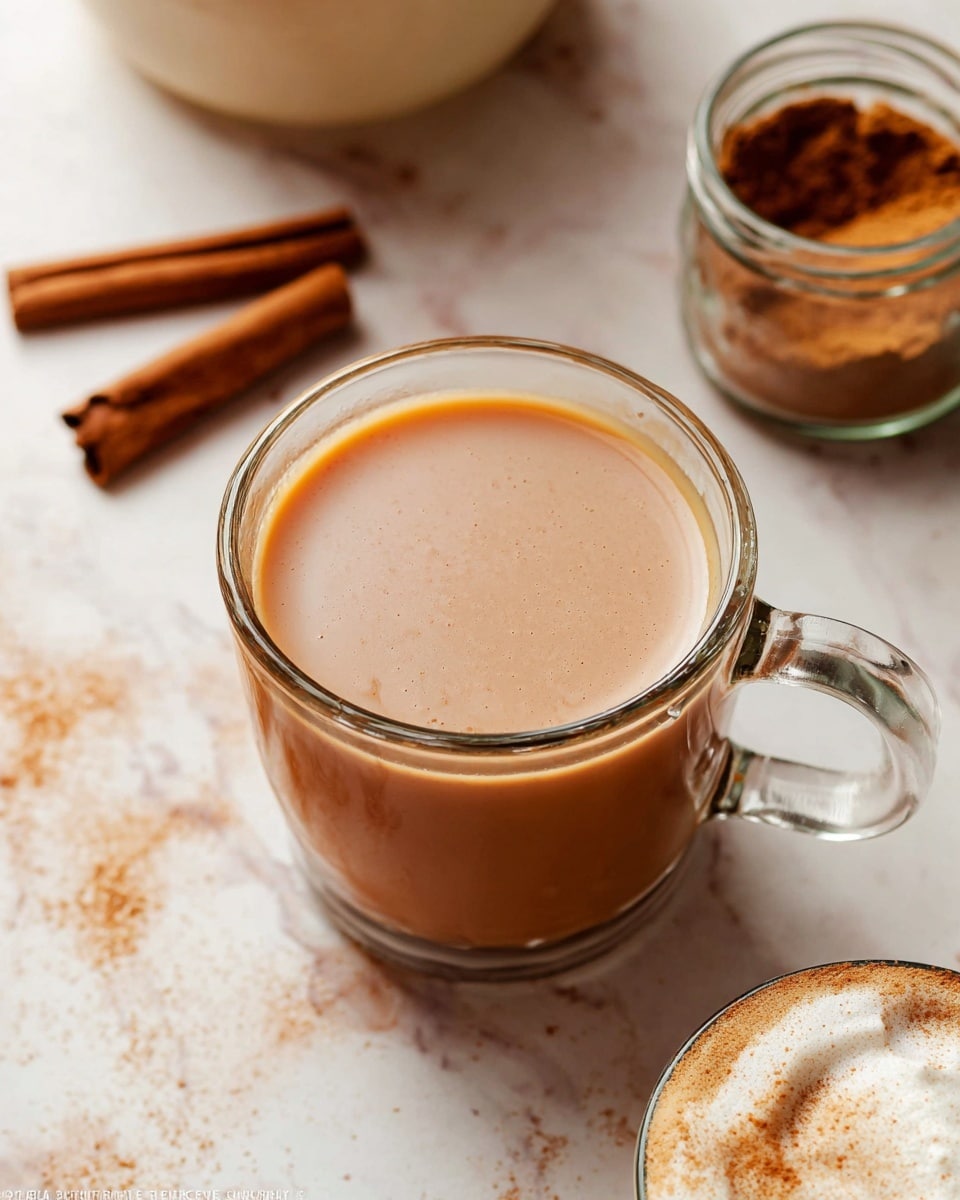 A clear glass cup filled with smooth, light brown chai tea that has a creamy texture on the surface, sitting on a white marbled surface. Next to the cup is a small jar filled with brown chai spice powder and some scattered powder nearby, along with two cinnamon sticks placed on the surface. Part of another glass container with white foam topped with chai spice is visible in the corner. The scene is well-lit, showing the warm tones of the chai and spices clearly. photo taken with an iphone --ar 4:5 --v 7