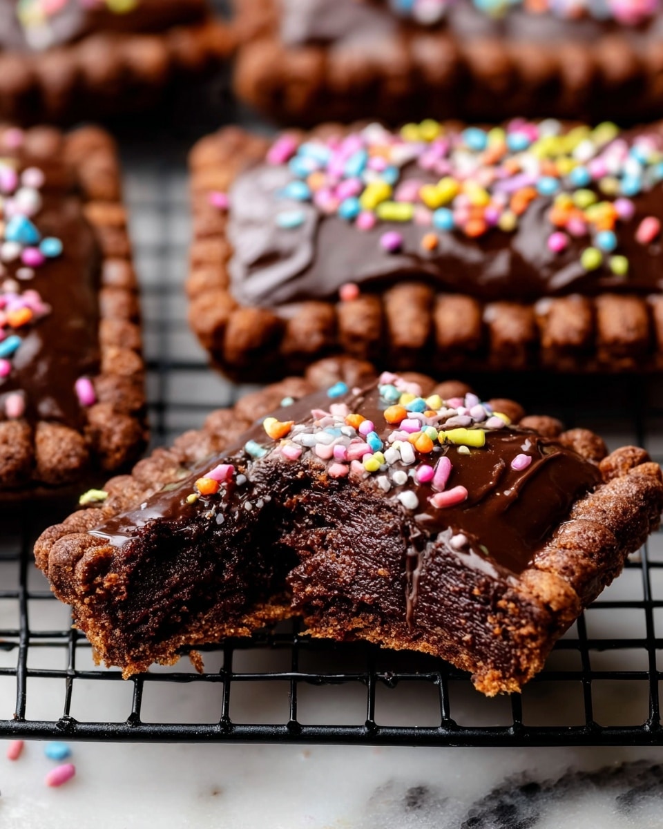 The image shows a close-up of several rectangular chocolate pastries with crimped edges, arranged on a black wire cooling rack over a white marbled surface. Each pastry has a thick layer of shiny dark chocolate glaze on top, decorated with colorful sprinkles in pink, blue, yellow, orange, and white. One pastry is broken in half, revealing a dense, moist, dark brown chocolate interior. The textures highlight the contrast between the smooth, glossy glaze and the slightly rough, baked pastry base. photo taken with an iphone --ar 4:5 --v 7