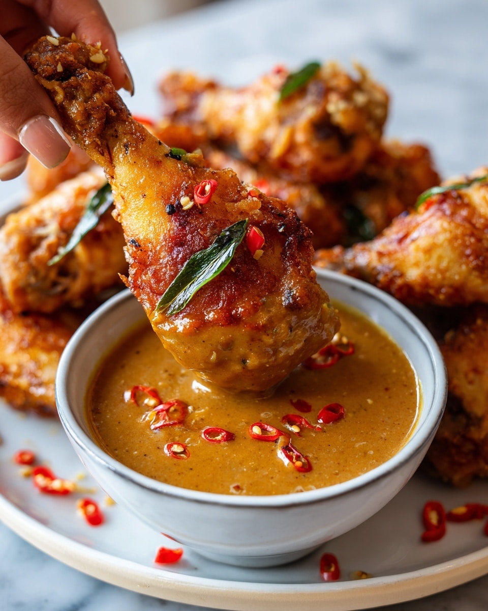 A white round plate holds eight grilled chicken drumsticks, each with a crispy dark brown char and a shiny, sticky orange-brown sauce drizzled over them. Small red chili pieces and light sesame seeds are sprinkled atop the drumsticks, adding texture and color. Fresh green cilantro leaves are scattered among the drumsticks and some are under them, with sauce pooling on the plate beneath. To the left side of the plate, a small white bowl contains extra thick brown sauce with one drumstick partially dipped in it. The plate is set on a light gray cloth over a white marbled surface. Photo taken with an iphone --ar 4:5 --v 7
