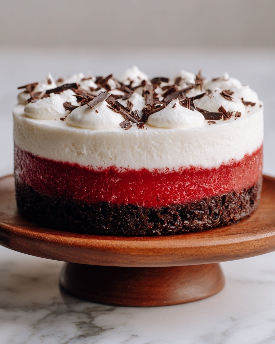 The image shows a close-up of a dessert with three visible layers, placed on a wooden board. The bottom layer is a dark brown, dense-looking crust. The middle layer is thick, smooth, and bright red, sharply contrasting with the bottom crust. On top, there is a thick layer of white whipped cream, decorated with small round dollops and topped with dark brown chocolate shavings, scattered lightly over the cream. Some chocolate shavings are also scattered on the wooden board near the dessert. The background is a white marbled texture. photo taken with an iphone --ar 4:5 --v 7
