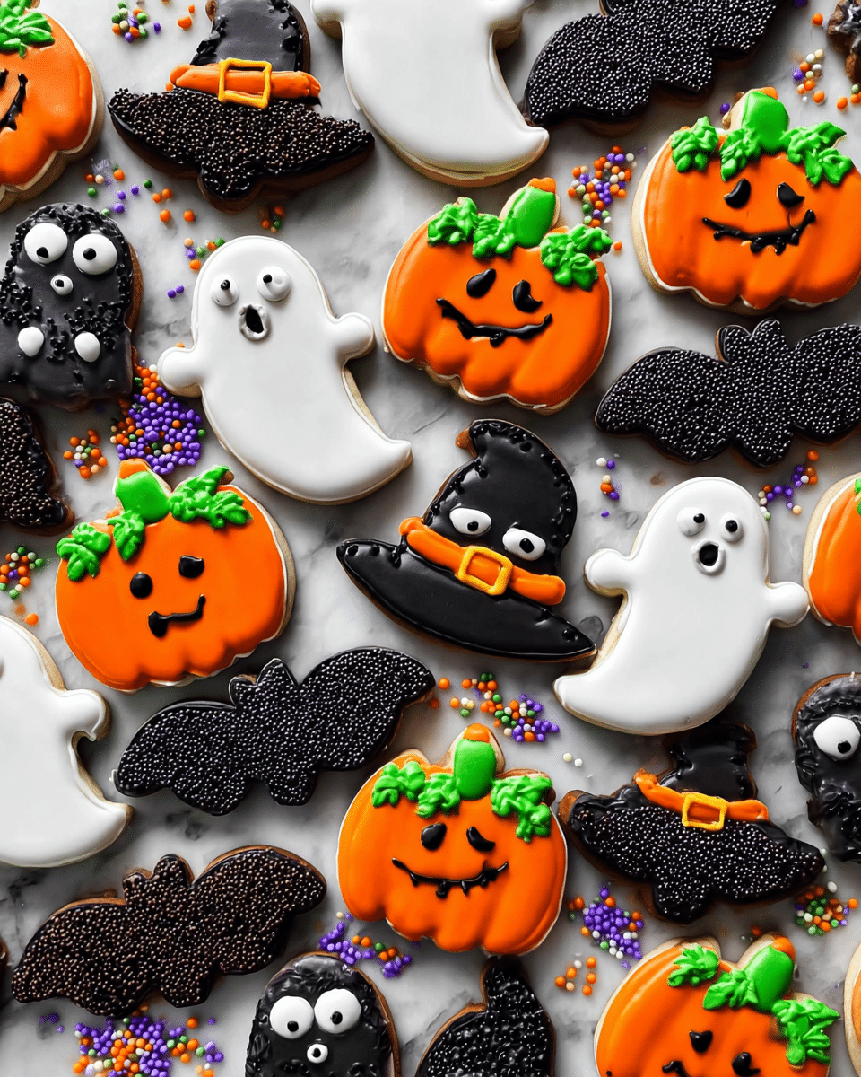 The image shows a group of Halloween cookies on a white marbled surface. There are bright orange pumpkin-shaped cookies with green leaves on top and black faces, some smiling and some scary. White ghost-shaped cookies have small black eyes and rounded arms. Black bat-shaped cookies with smooth black icing wings and bumpy chocolate sprinkles in the middle have two white candy eyes. Black witch hat-shaped cookies have colorful tiny round sprinkles in orange and green on the bands. Small colorful sprinkles in purple, orange, green, black, and white are scattered around the cookies. photo taken with an iphone --ar 4:5 --v 7