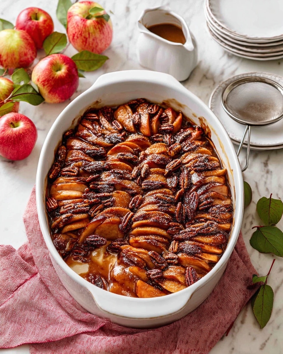 A serving of bread pudding sits on a white plate with floral details around the edge. The bread pudding has a base of golden-brown baked bread pieces, topped with soft, caramelized apple slices and whole pecans. A glossy amber syrup drizzles over the top, pooling a little on the plate. On the left side of the plate, a silver fork rests nearby, and beside the plate is a red apple. The background includes a white marbled surface and a checkered beige cloth under the plate. In the upper right corner, there is a small white and tan speckled pitcher filled with syrup. Photo taken with an iphone --ar 4:5 --v 7