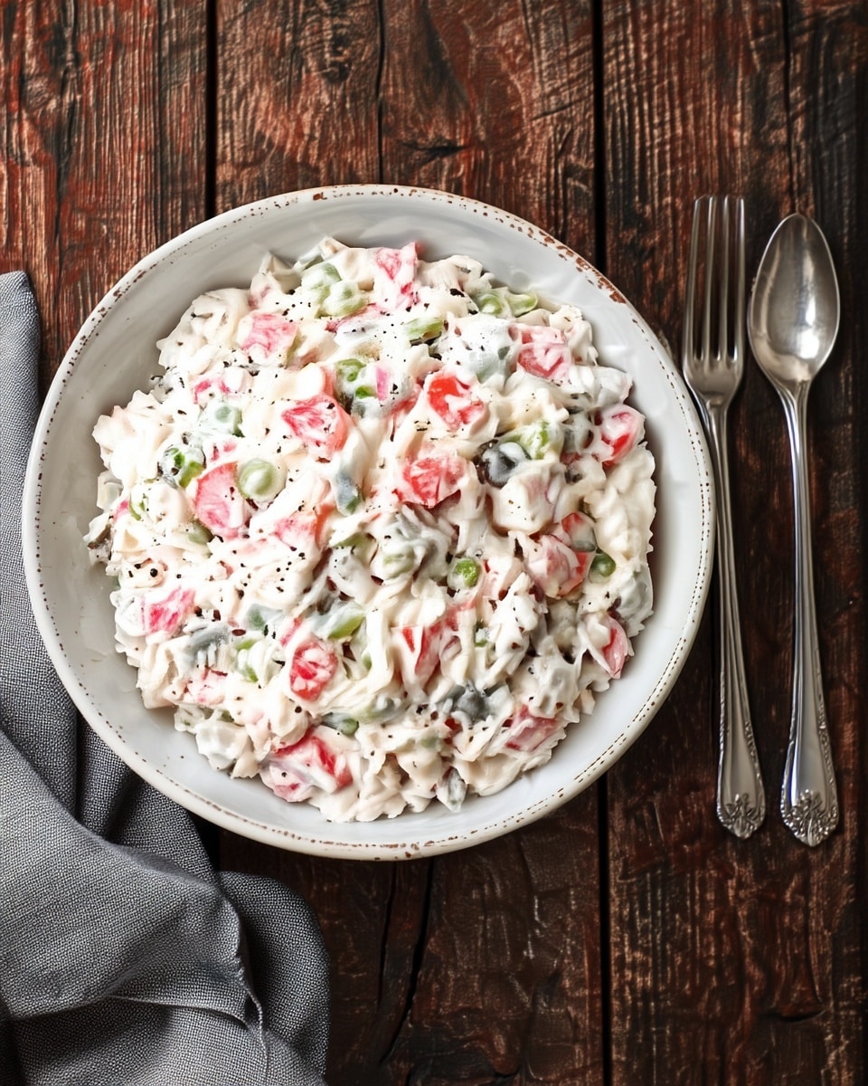 A white bowl filled with a creamy layered salad sits on a dark wooden table. The salad has one visible layer, creamy white in color with mixed pieces of diced green peas and small chunks of red carrots scattered evenly throughout. Tiny black specks of seasoning are also spread on top. To the right of the bowl, a silver fork and spoon rest side by side. There is a folded grey cloth napkin on the left side next to the bowl. The photo is taken from above, showing the details of the salad texture clearly. Photo taken with an iphone --ar 4:5 --v 7