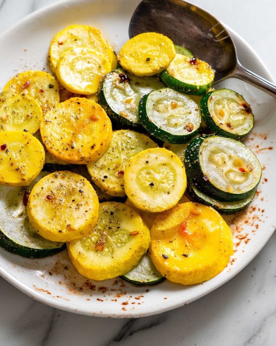 The image shows several slices of grilled zucchini and yellow squash arranged close together on a white marbled surface. Each round slice has a thick green or yellow skin edge with a lighter, slightly translucent center that shows small seeds and a soft texture. Some slices have light grill marks and small bits of seasoning, giving a slightly spotted look with red and black specks scattered on top. The slices vary slightly in size and are laid flat with some overlapping, creating a casual and fresh appearance. photo taken with an iphone --ar 4:5 --v 7