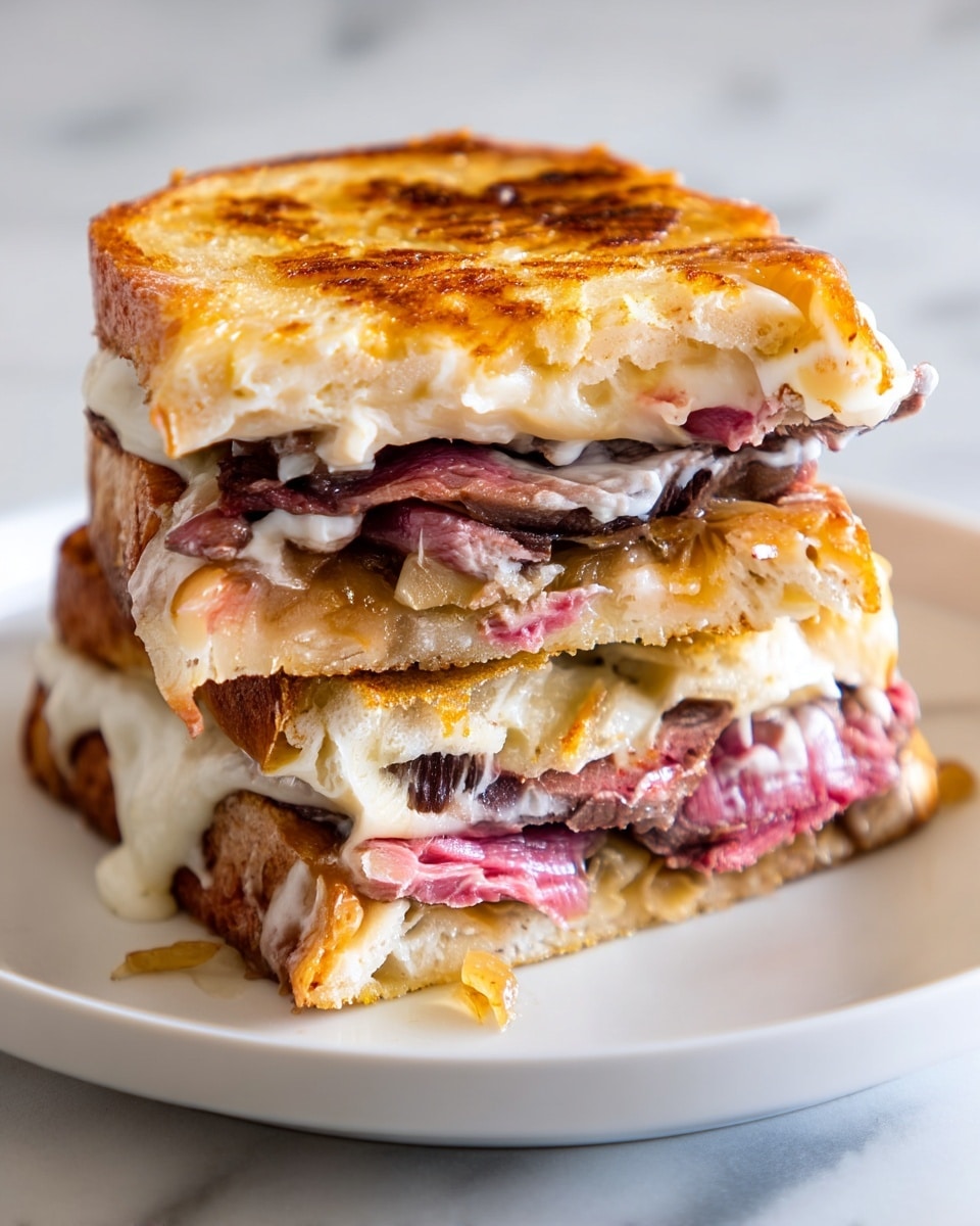 A close-up view of a stacked sandwich cut into two pieces, showing three layers of toasted white bread with a golden-brown crust. Between the bread layers, there is a thick layer of melted white cheese that looks creamy and gooey, followed by generous layers of thinly sliced pinkish-red meat with a slightly marbled texture. The sandwich is placed on a white plate, set on a white marbled surface, with another blurred white bowl in the background. Photo taken with an iphone --ar 4:5 --v 7