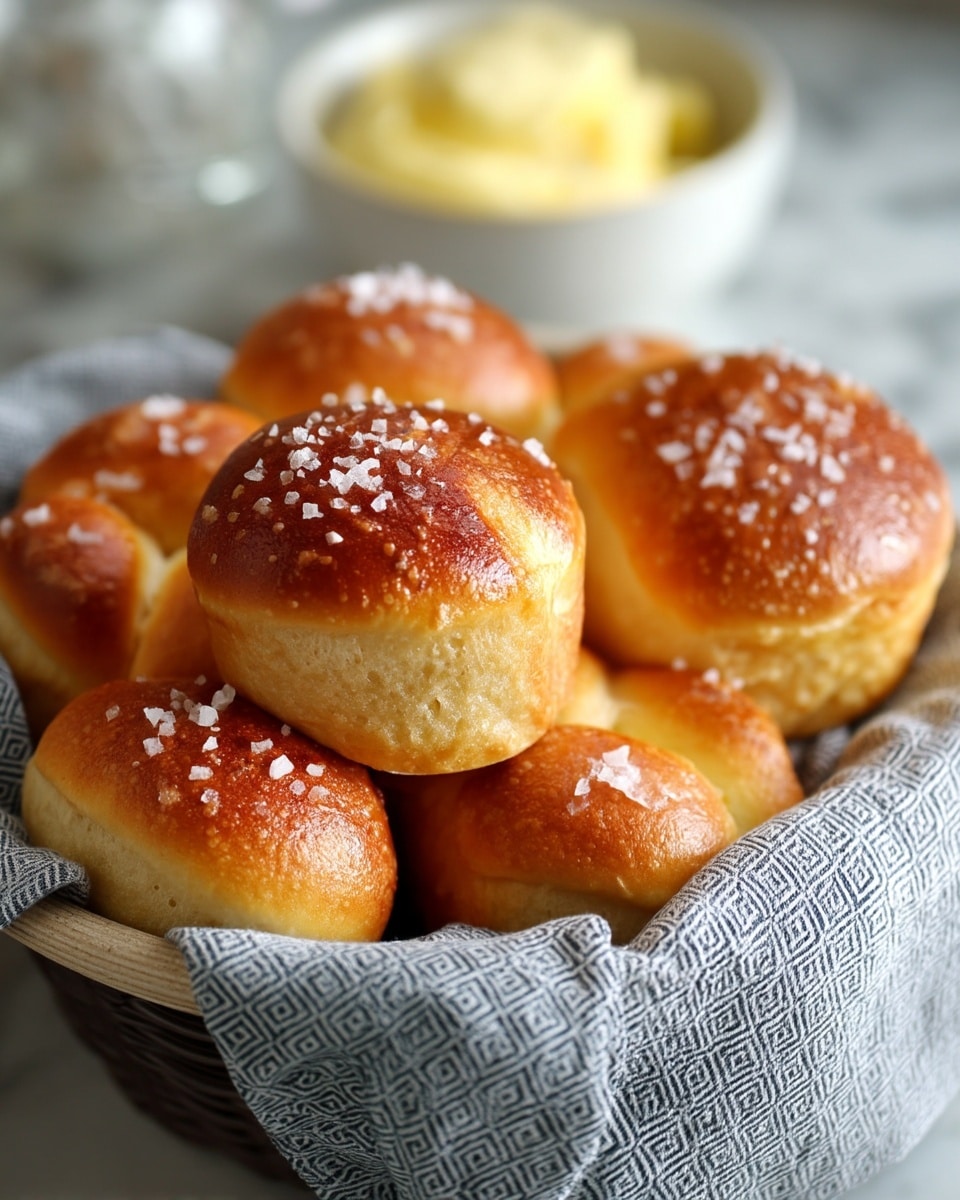 A basket lined with a gray patterned cloth holds a pile of shiny golden brown rolls that have a soft, puffy texture and a slightly glossy surface. The rolls are sprinkled with coarse sea salt flakes on top. In the blurry background, there is a white bowl with light yellow whipped butter, all placed on a white marbled surface. The warm tones of the rolls contrast with the cool and neutral colors of the cloth and surface, creating a cozy and inviting feel. photo taken with an iphone --ar 4:5 --v 7