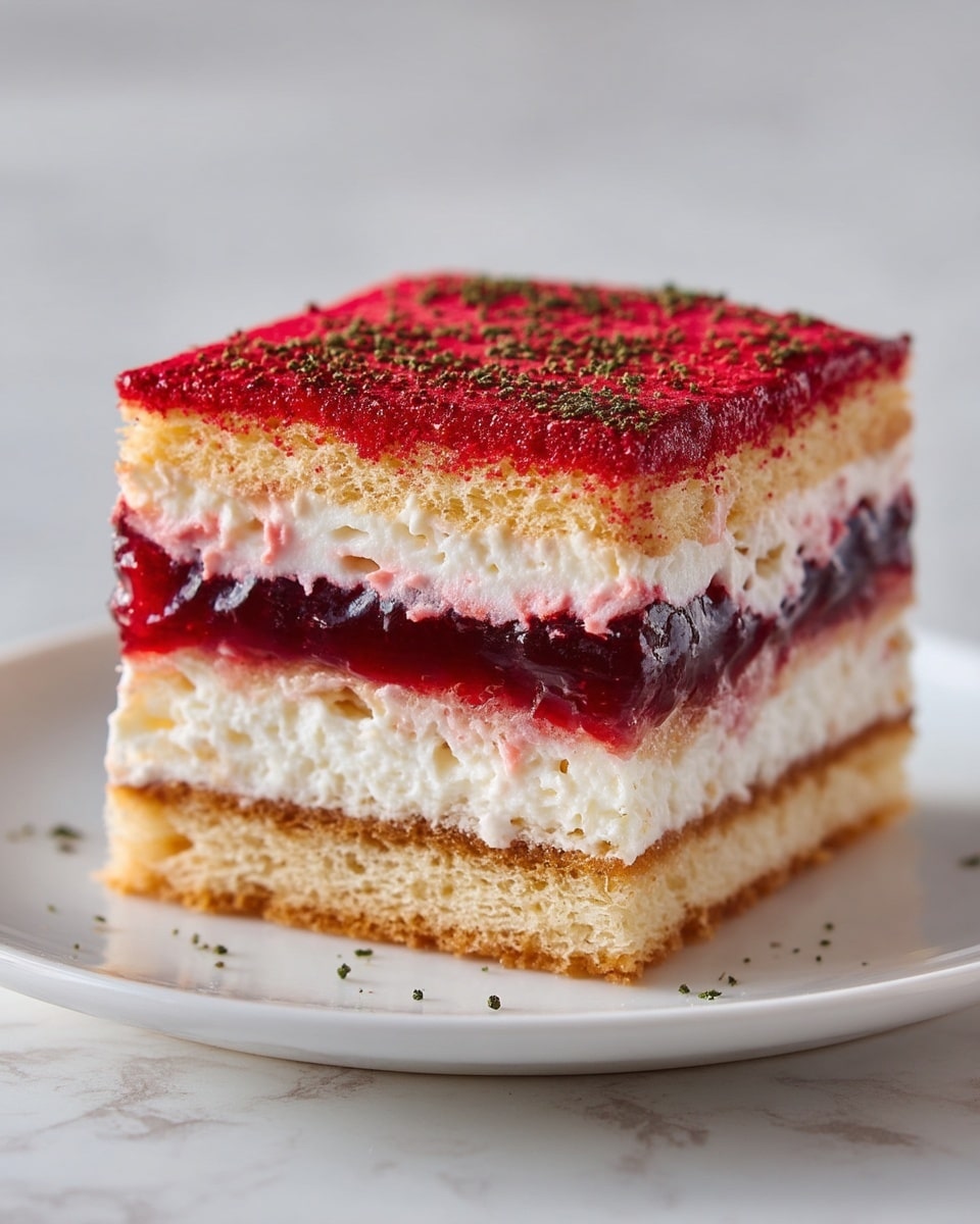 A close-up side view of a layered dessert square placed on a white plate set on a white marbled surface; the dessert has four visible layers starting from the bottom with a light brown sponge cake, followed by a thick layer of dark red berry jam, then a layer of white creamy filling, another sponge cake layer, and topped with a thick, smooth white creamy layer dusted generously with bright red powder and tiny greenish-brown seeds scattered on top; the texture of the cream looks light and fluffy, while the jam looks moist and slightly chunky. photo taken with an iphone --ar 4:5 --v 7