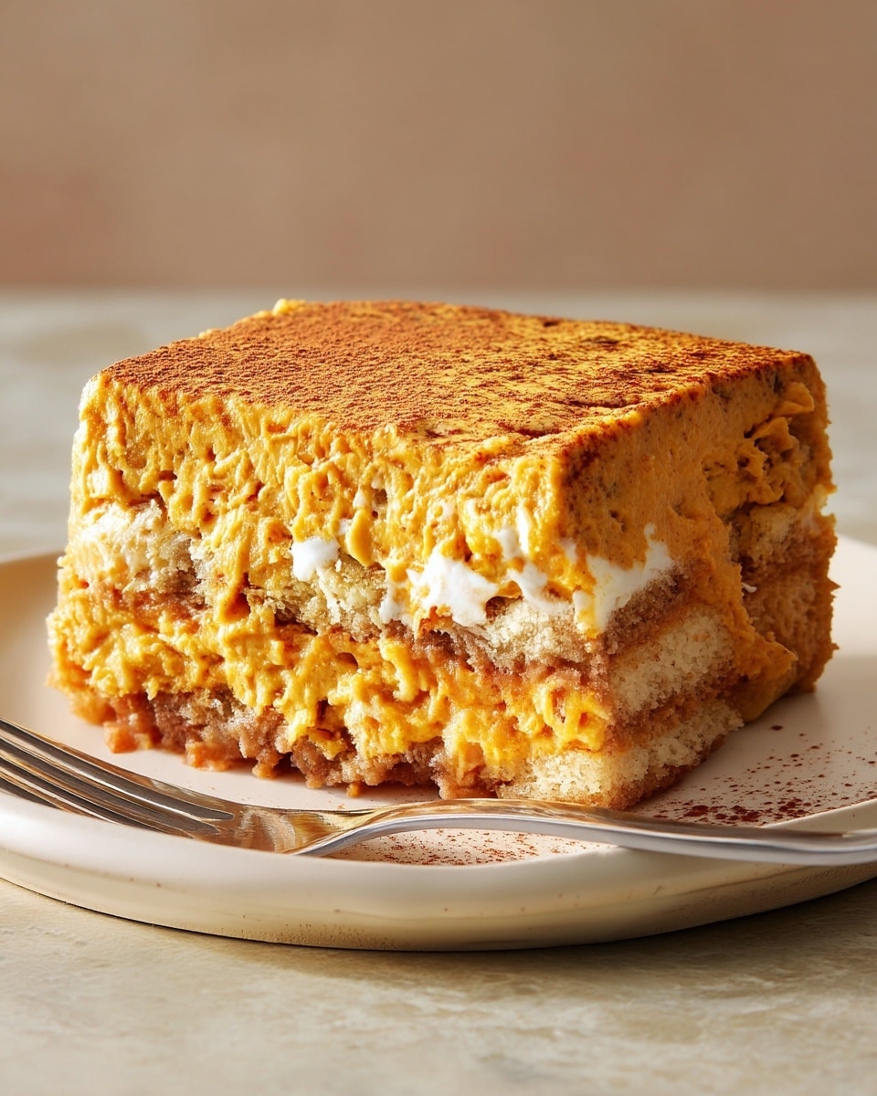 A close-up image of a slice of pumpkin-flavored layered dessert on a white plate with a silver fork beside it; the dessert has three visible layers, with the bottom layer being a light brown moist cake, the middle and top layers consist of a thick, creamy orange pumpkin filling with a slightly rough texture, and the top is dusted with a fine layer of cinnamon powder, all set against a white marbled surface and neutral beige wall background, photo taken with an iphone --ar 4:5 --v 7
