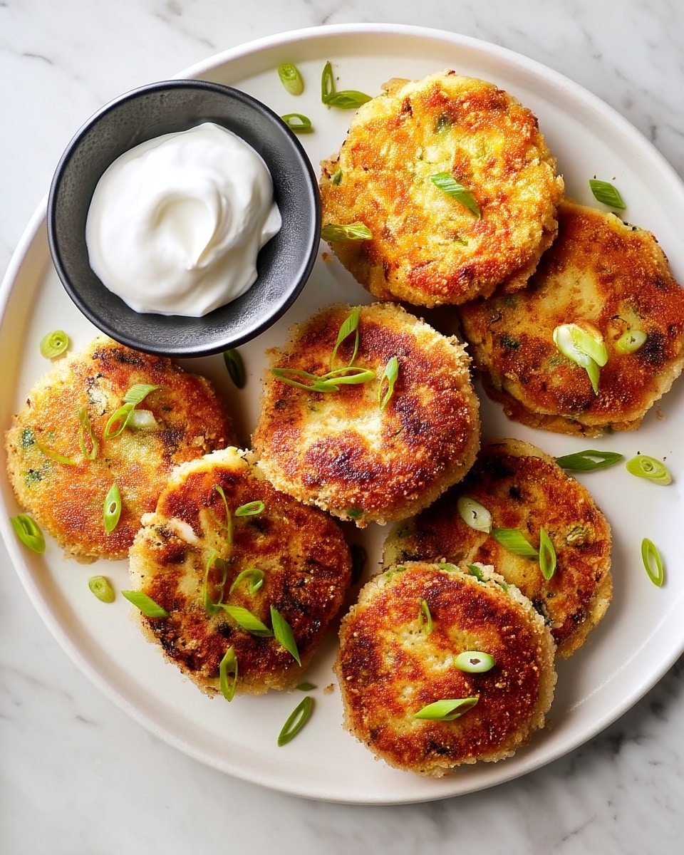 A white plate holds eight golden brown, round patties with a crispy and slightly rough texture, speckled with small green bits inside, garnished with fresh green thinly sliced scallions scattered over and around them. To the side of the patties, there is a small dark bowl filled with smooth, thick white cream. The whole setup rests on a white marbled surface. photo taken with an iphone --ar 4:5 --v 7