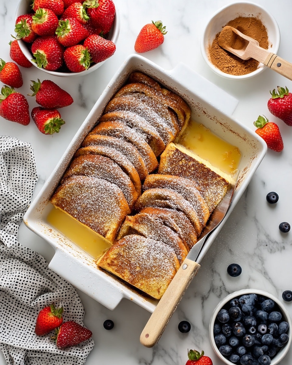 A white rectangular baking dish holds three rows of thick, golden brown baked French toast slices, each slice dusted with powdered sugar giving a light snowy texture. On the left side of the dish, a slice has been removed revealing the soft, creamy yellow inside of the French toast. A metal spatula with a wooden handle rests in the open space, slightly lifting one toast slice. Around the baking dish, fresh, bright red strawberries sit in a white bowl and scattered on the white marbled surface, while a small white bowl with light brown cinnamon powder and a wooden spoon rests nearby. At the bottom right corner, a white bowl is filled with plump blueberries, some spilled onto the surface. The whole scene is set on a clean, bright white marbled background with a soft, natural light. Photo taken with an iphone --ar 4:5 --v 7