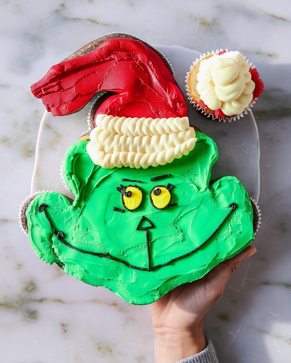 The image shows a cake shaped like a character's face with three clear layers of colored frosting. The largest layer is bright green, covering the entire face and ears with a smooth texture. There are two round yellow circles for eyes with black black outlines and details forming eyelashes and pupils. The character's smile and nose are made with thin lines of black frosting. On top of the head is a red Santa hat layer with a rough frosting texture that curves to one side. The hat’s white brim is thick and piped with a fluffy, rope-like pattern. A woman's hand holds a cupcake matching the cake's design with white piped frosting on top. Another woman's hand holds the cake from the side. The cake is placed on a surface with a white marbled texture. photo taken with an iphone --ar 4:5 --v 7