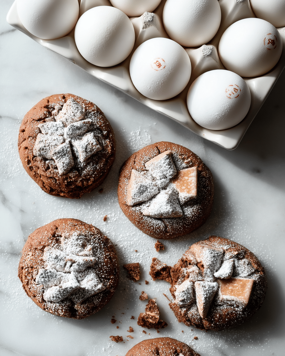 Round, thick, dark brown cookies with a rough texture lie scattered over a white marbled surface. Each cookie has several light pink, square, pillow-like pieces placed on top in a clustered arrangement, all dusted heavily with fine white powdered sugar. Some of the powdered sugar is also scattered loosely across the surface around the cookies. One cookie near the bottom right corner is broken, showing a soft, crumbly inside. The overall feel is cozy and homemade. photo taken with an iphone --ar 4:5 --v 7