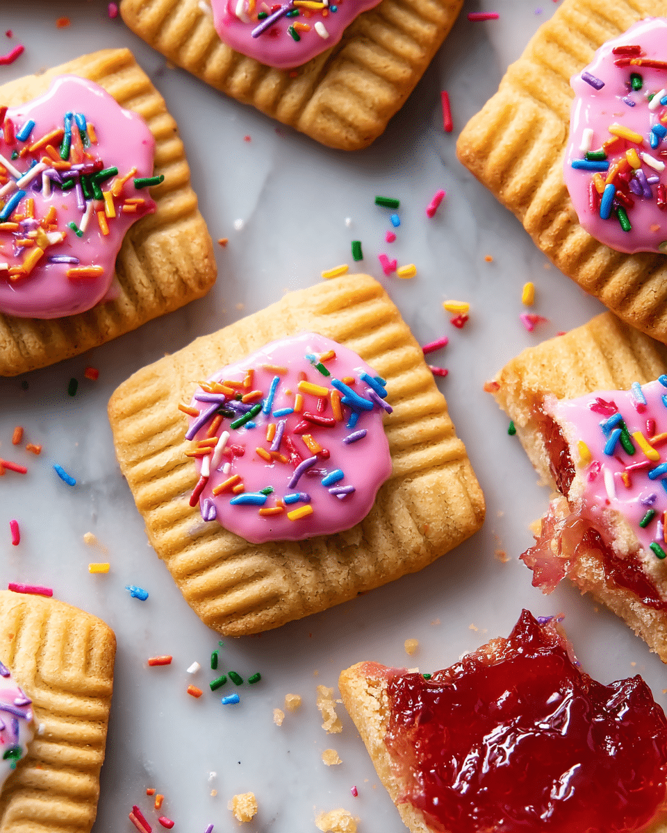 Several square-shaped golden-brown cookies are laid out on a white marbled surface. Each cookie has one layer of pink or white frosting in the center, with a smooth, slightly shiny texture and irregular edges. On top of the frosting is a layer of colorful sprinkles - some small cylindrical rods and some tiny cube shapes in various bright colors like red, blue, green, orange, and purple. One cookie is broken to show a middle layer of red jelly inside the cookie. The cookies have a ridged edge created by a fork or some press. Photo taken with an iphone --ar 4:5 --v 7