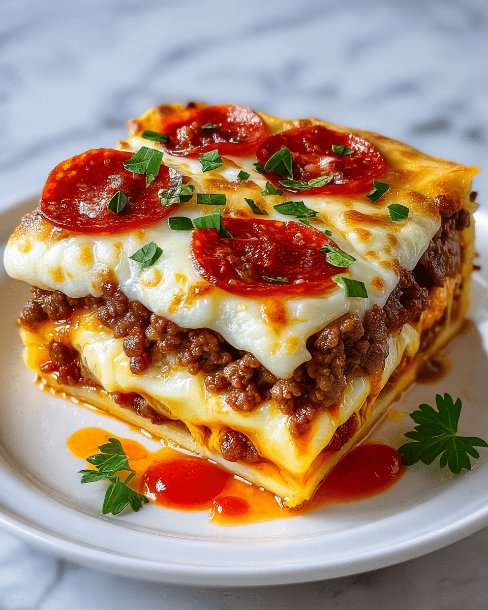 A close-up view of a square slice of layered lasagna on a white plate over a white marbled texture surface, showing four distinct layers: the bottom layer is a soft pasta sheet with a light yellow color, followed by a thick layer of cooked, crumbly ground beef with a rich brown tone; above that is a creamy layer of melted, slightly browned mozzarella cheese, topped with a second pasta sheet; the next layer repeats the seasoned ground beef topped with another thick layer of melted mozzarella cheese that has golden brown spots, and the very top is decorated with several round slices of shiny red pepperoni and sprinkled with fresh green parsley leaves. A small amount of red oily sauce pools slightly on the plate near the lasagna’s base. photo taken with an iphone --ar 4:5 --v 7