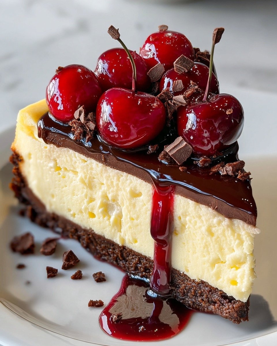 A slice of cheesecake sits on a white plate with a dark brown crust as the bottom layer, topped by a thick creamy white cheesecake layer. On top, there is a thick shiny dark chocolate ganache layer that drips down the sides, alongside dark red cherry sauce that also runs down the edges. Several whole glossy red cherries and small pieces of dark chocolate are placed on top, adding texture and color contrast. The background is a white marbled surface, and the photo was taken with an iphone --ar 4:5 --v 7