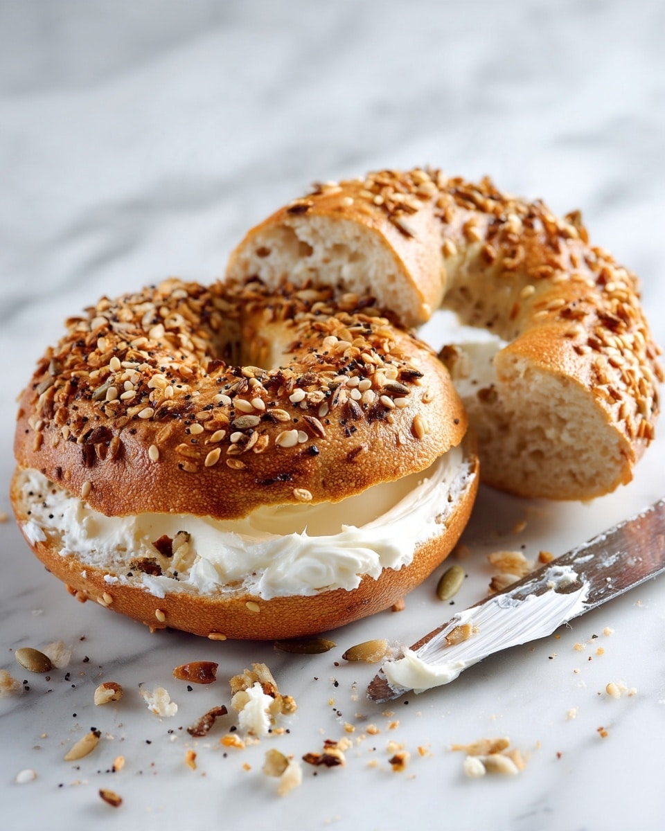 A close-up image of a cut open bagel with a golden brown crust covered in mixed seeds on the top half, and a soft, light beige, slightly porous inside on the bottom half. The bottom half is thickly spread with creamy, white cream cheese. The bagel sits on a white marbled surface with a metal knife coated in cream cheese lying nearby. Small bits of seeds and cream cheese are scattered around the bagel. photo taken with an iphone --ar 4:5 --v 7