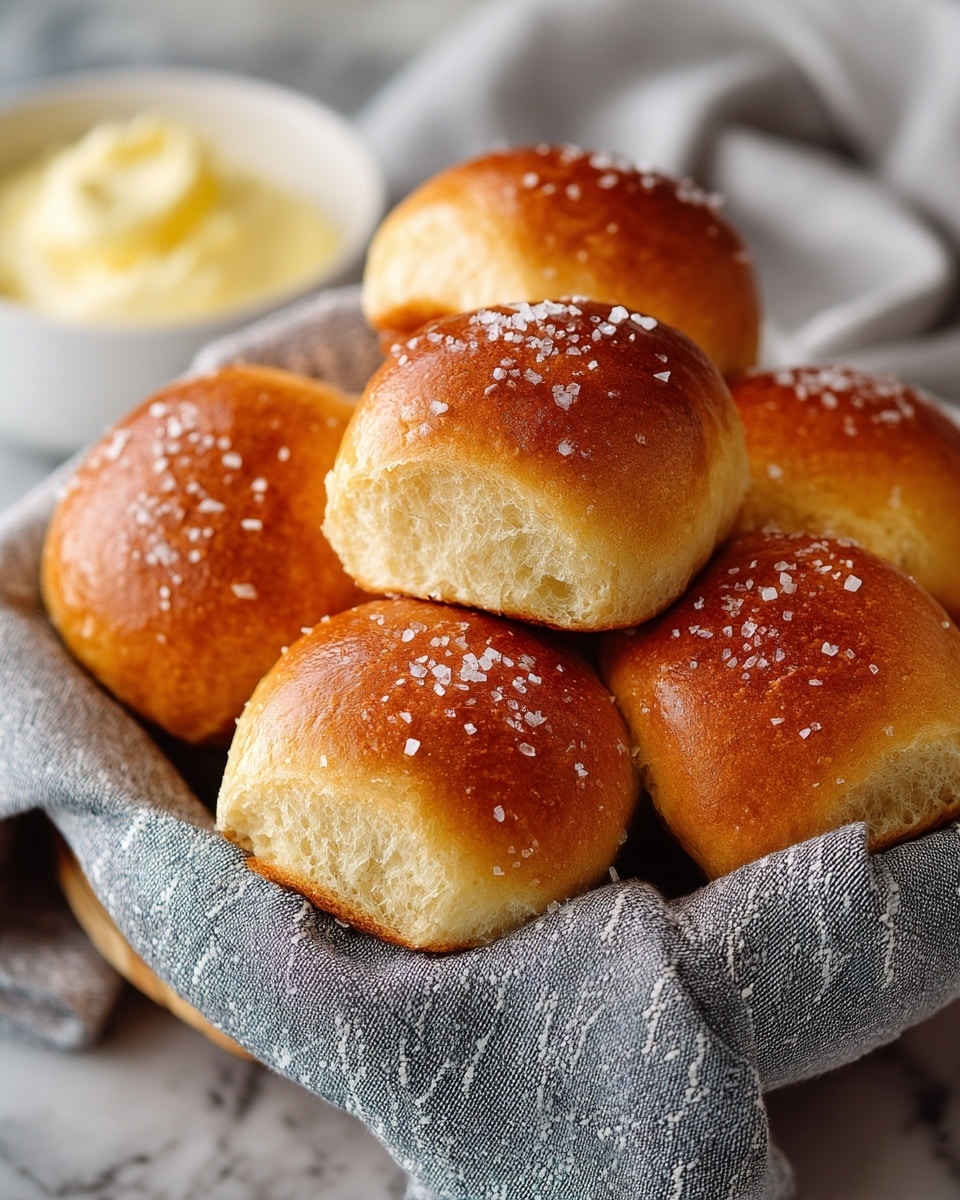 A basket lined with a blue patterned cloth holds several shiny golden brown rolls, each made of three rounded sections forming a small cluster with a soft texture. Coarse salt flakes are sprinkled on top of the rolls, adding a slight contrast on their smooth surface. In the background, there is a small white bowl filled with a creamy yellow butter spread on a white marbled surface. photo taken with an iphone --ar 4:5 --v 7