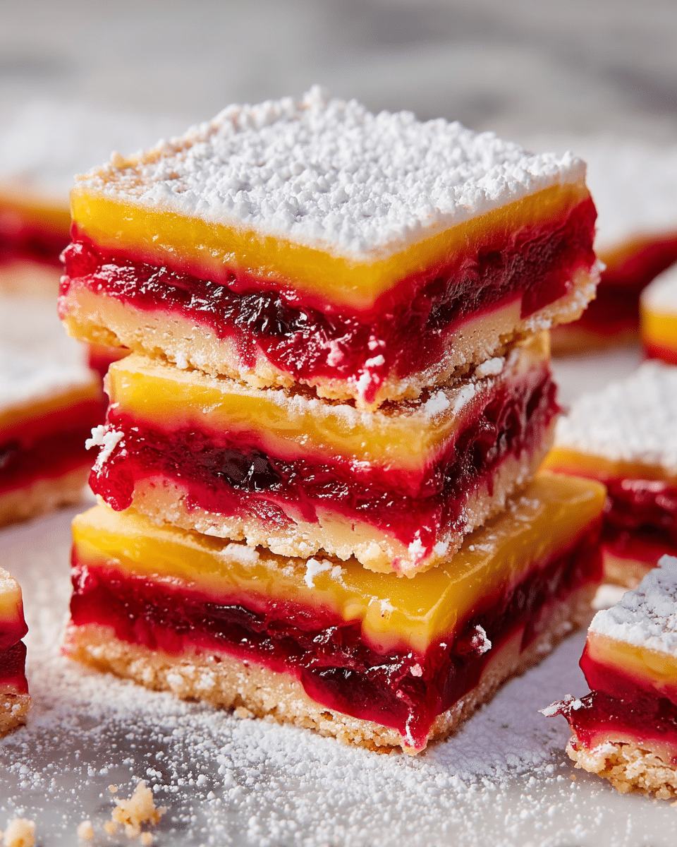 Several square bars are stacked and scattered on a surface with a white marbled texture. Each bar has three clear layers: a bottom layer of crumbly pale beige cookie crust, a middle thick layer of shiny deep red jam with chunky fruit bits, and a top layer of smooth bright yellow custard. The bars are dusted generously with fine white powdered sugar, creating a snowy effect on top. The close-up view focuses on a stack of two bars with sharp edges and visible textures, showing the contrast between the soft jam and firm crust. photo taken with an iphone --ar 4:5 --v 7